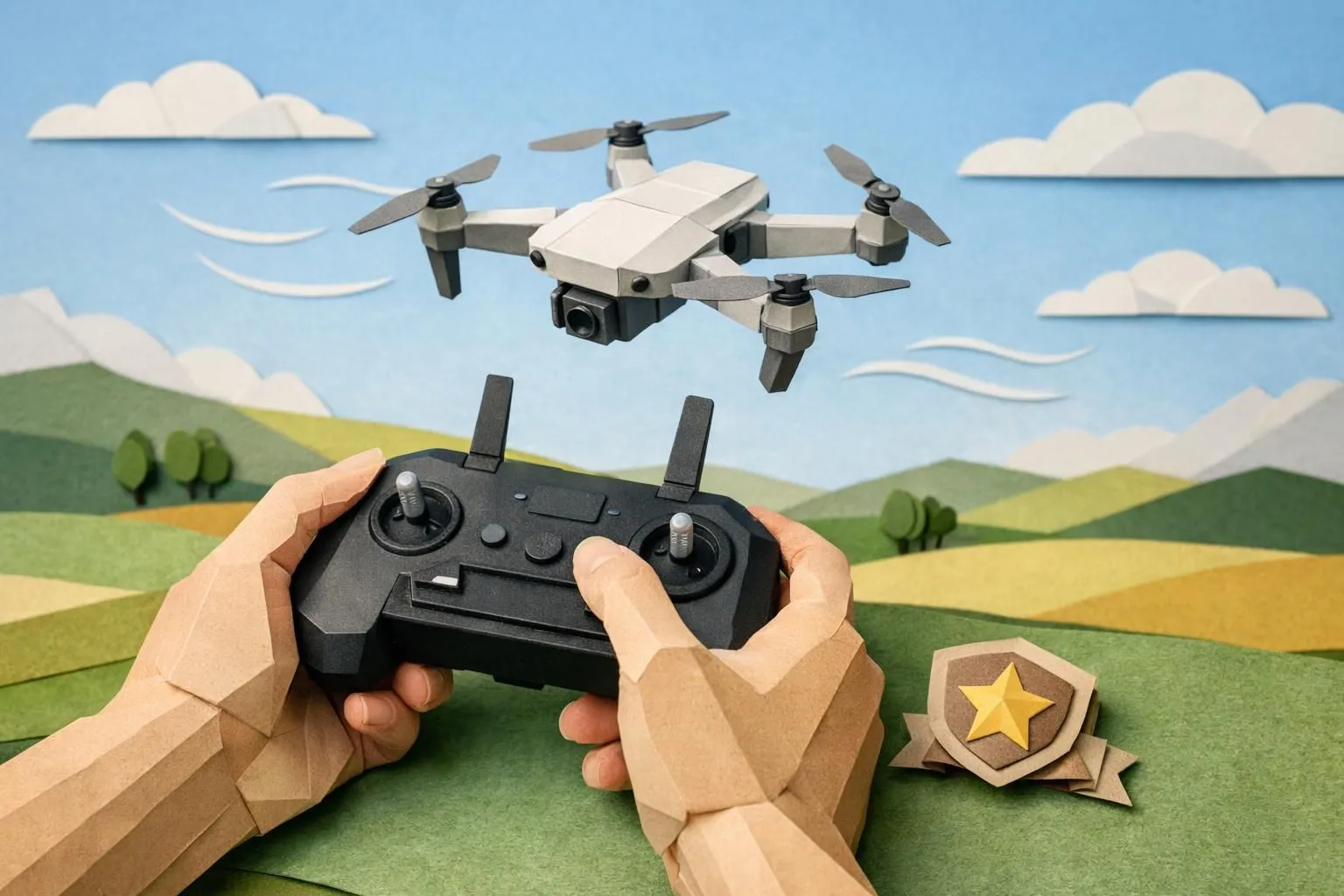 Formation drone: scène créative en paper craft montrant un pilote certifié et son drone.