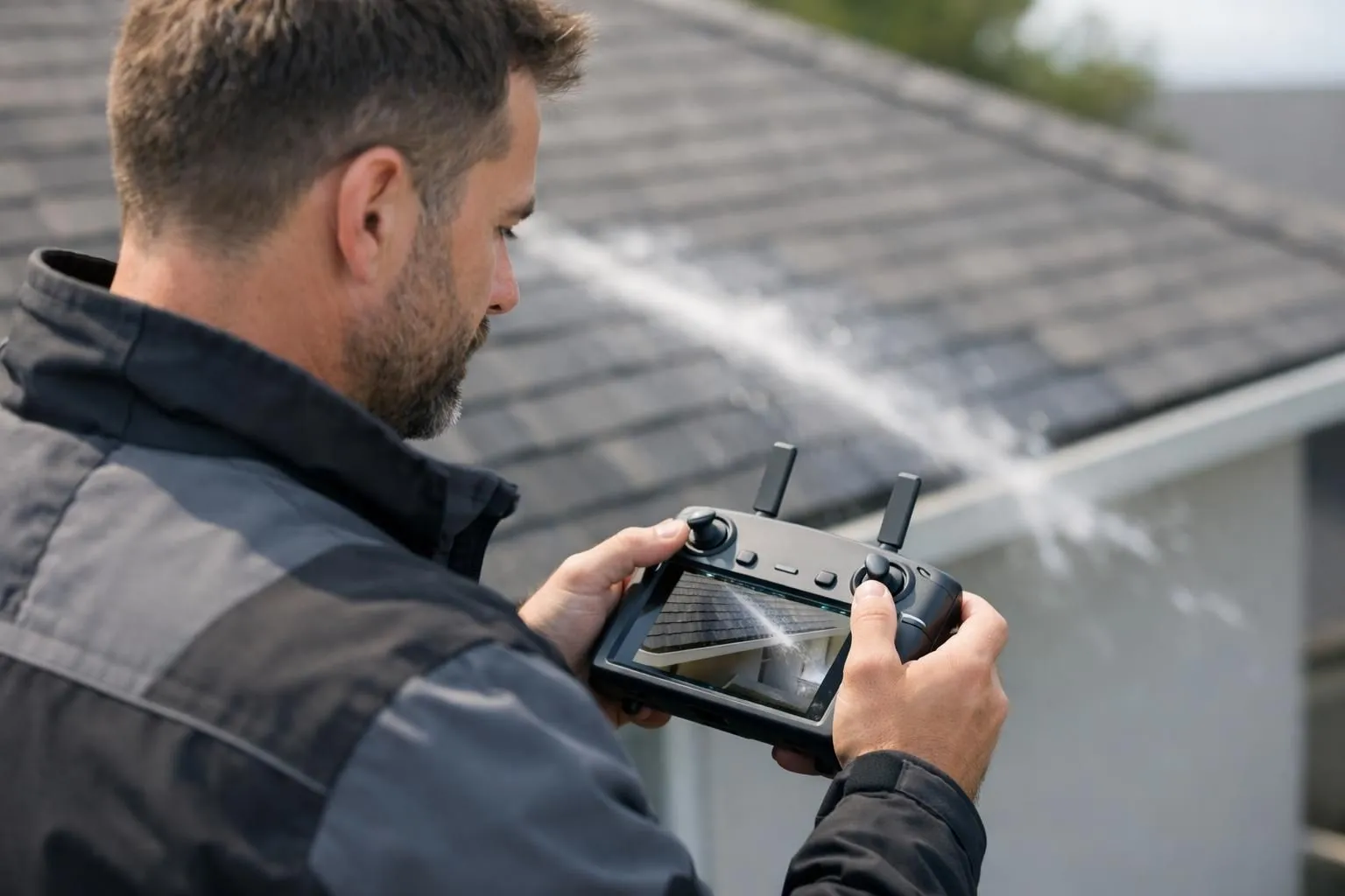 Homme professionnel opérant un drone de nettoyage de toiture. Image pour formation nettoyage toiture drone 2026.