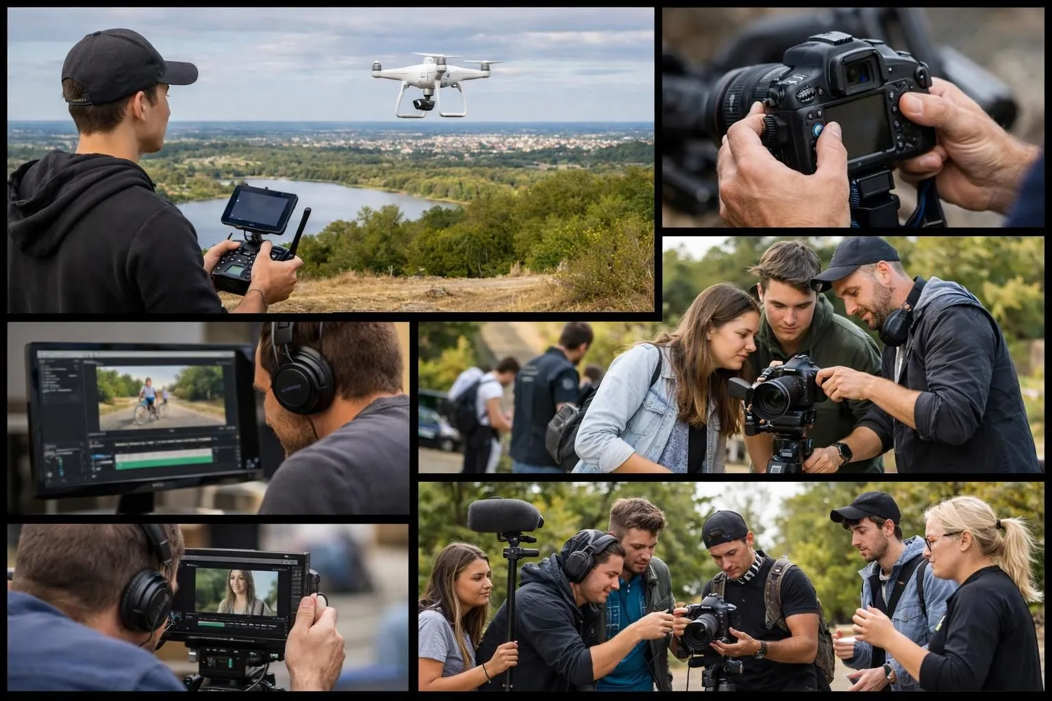 Formation photographe vidéaste Cholet: collage montrant apprentis photographes, vidéastes et pilotes de drone en action.