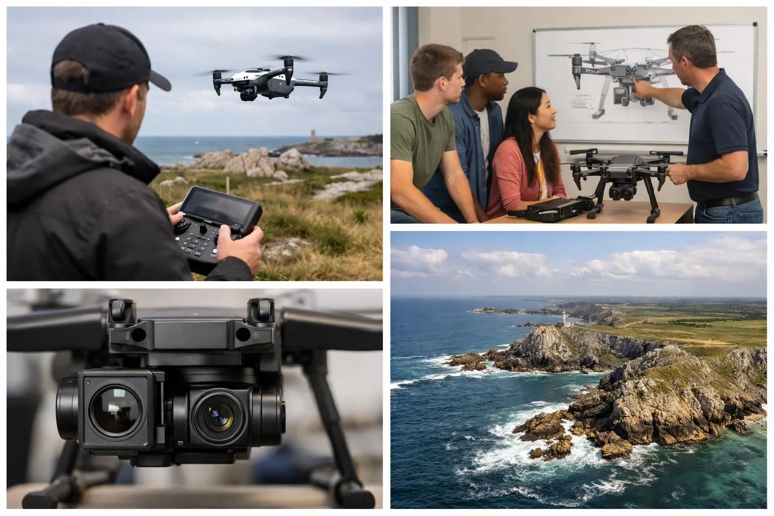 Formation télépilote drone BZH: collage authentique drones, élèves, paysages bretons. Nouvelles catégories STS.