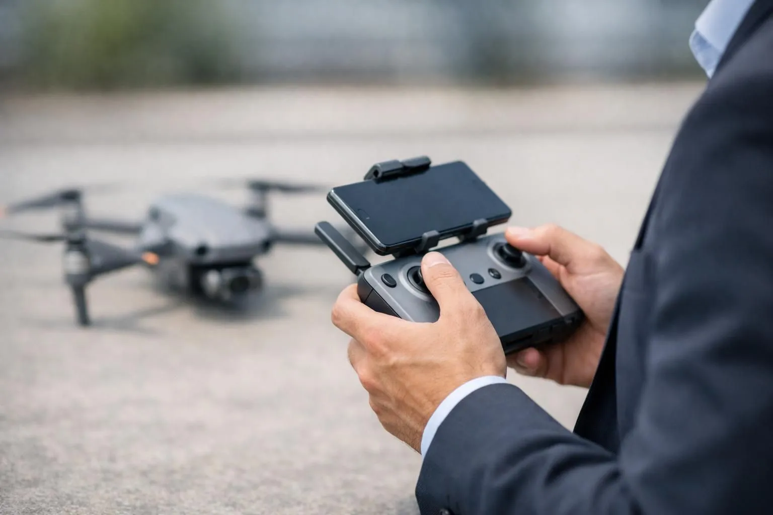Formation télépilote drone Cholet. Personne concentrée manipulant télécommande. Infos prix, tarifs, certifications.