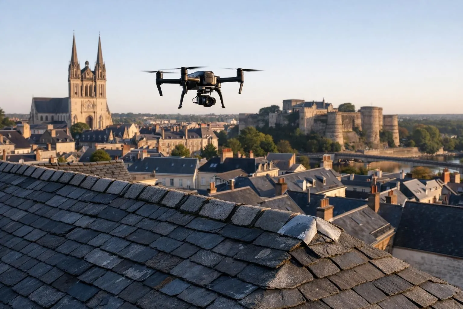 Drone professionnel équipé de caméra haute résolution inspectant une toiture d'ardoise typique angevine avec la cathédrale Saint-Maurice et le château en arrière-plan, lumière dorée du matin sur la ville d'Angers, vue aérienne rapprochée montrant les détails des tuiles et le pilote au sol