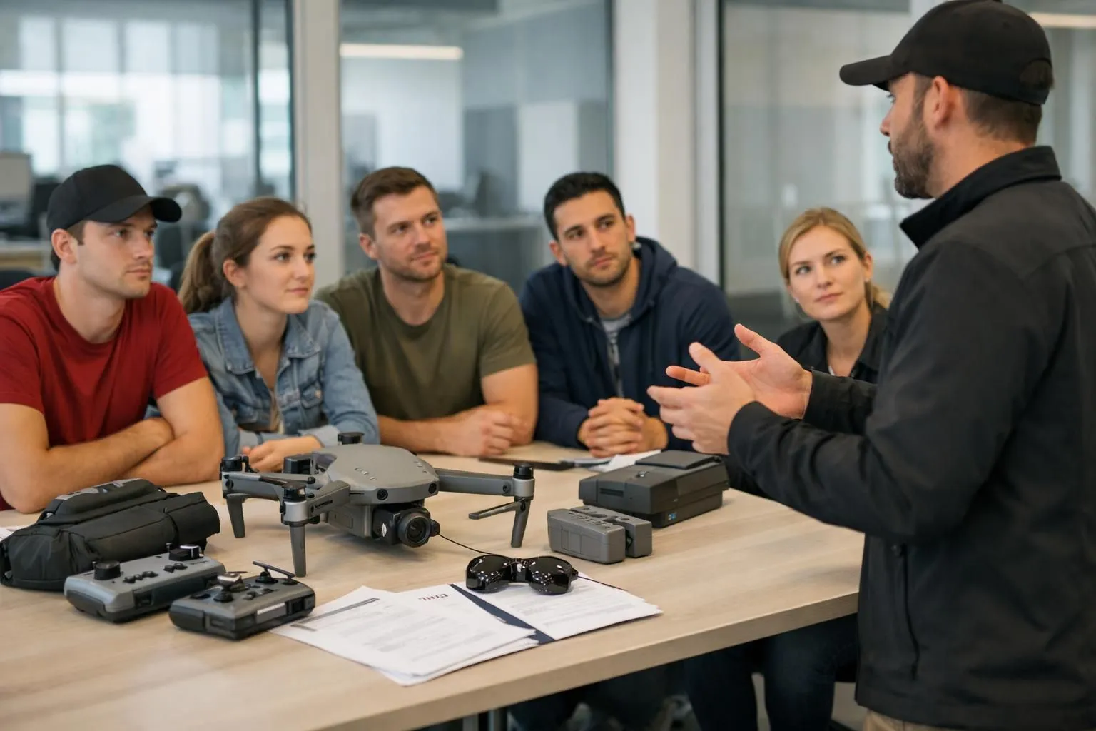 Professional drone training session showing instructor demonstrating advanced quadcopter controls to students outdoors, with certification documents and flight equipment visible on table, modern learning environment for commercial drone operations