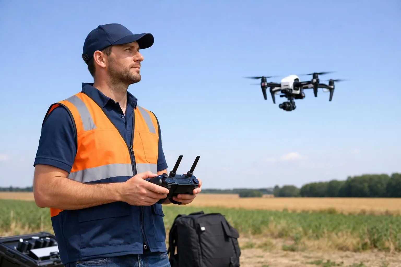 Professional drone pilot in outdoor field setting wearing safety vest, holding remote controller, with commercial quadcopter drone hovering nearby against blue sky, modern professional equipment visible, realistic documentary photography style