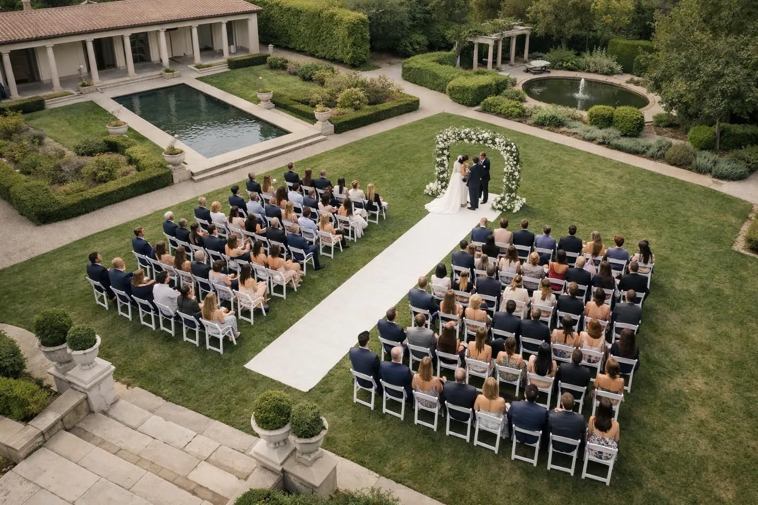 Drone with professional camera filming an elegant outdoor wedding ceremony from aerial perspective, guests seated in rows visible below, venue surrounded by gardens and architecture, cinematic shot quality