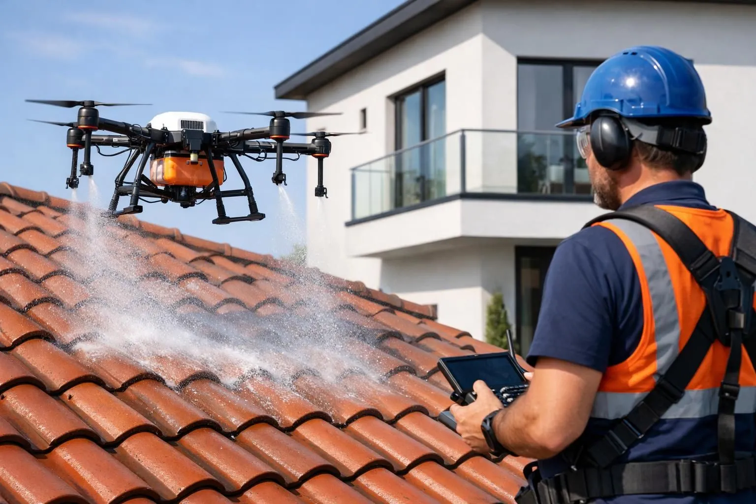 Professional drone spraying cleaning solution on a tiled residential roof, operator controlling equipment from the ground with safety gear, modern house exterior visible, realistic daytime photography showing the drone hovering close to the roof surface with visible water spray