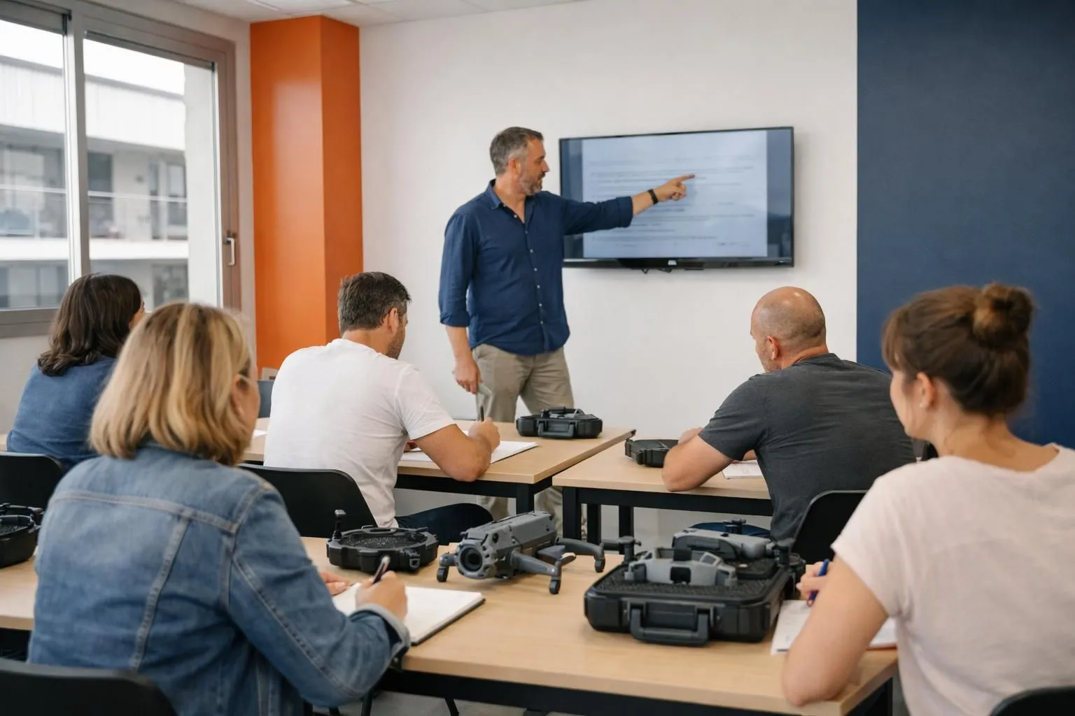 A professional drone training session in a modern classroom setting in France, with an instructor pointing to aerial regulations displayed on a screen while diverse adult students take notes, real-world training environment with visible drone equipment on tables, bright natural lighting, realistic photography style