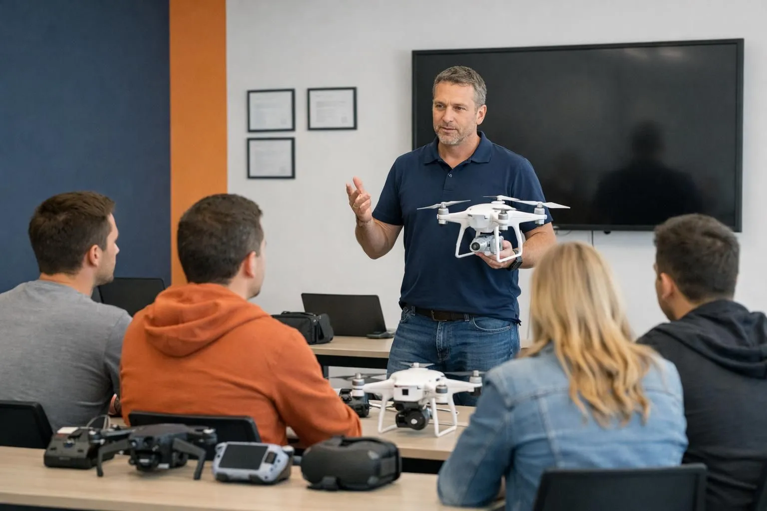 Professional drone instructor explaining new 2026 DGAC regulations to attentive students in modern training classroom with drone equipment visible on desk and certification documents displayed on screen