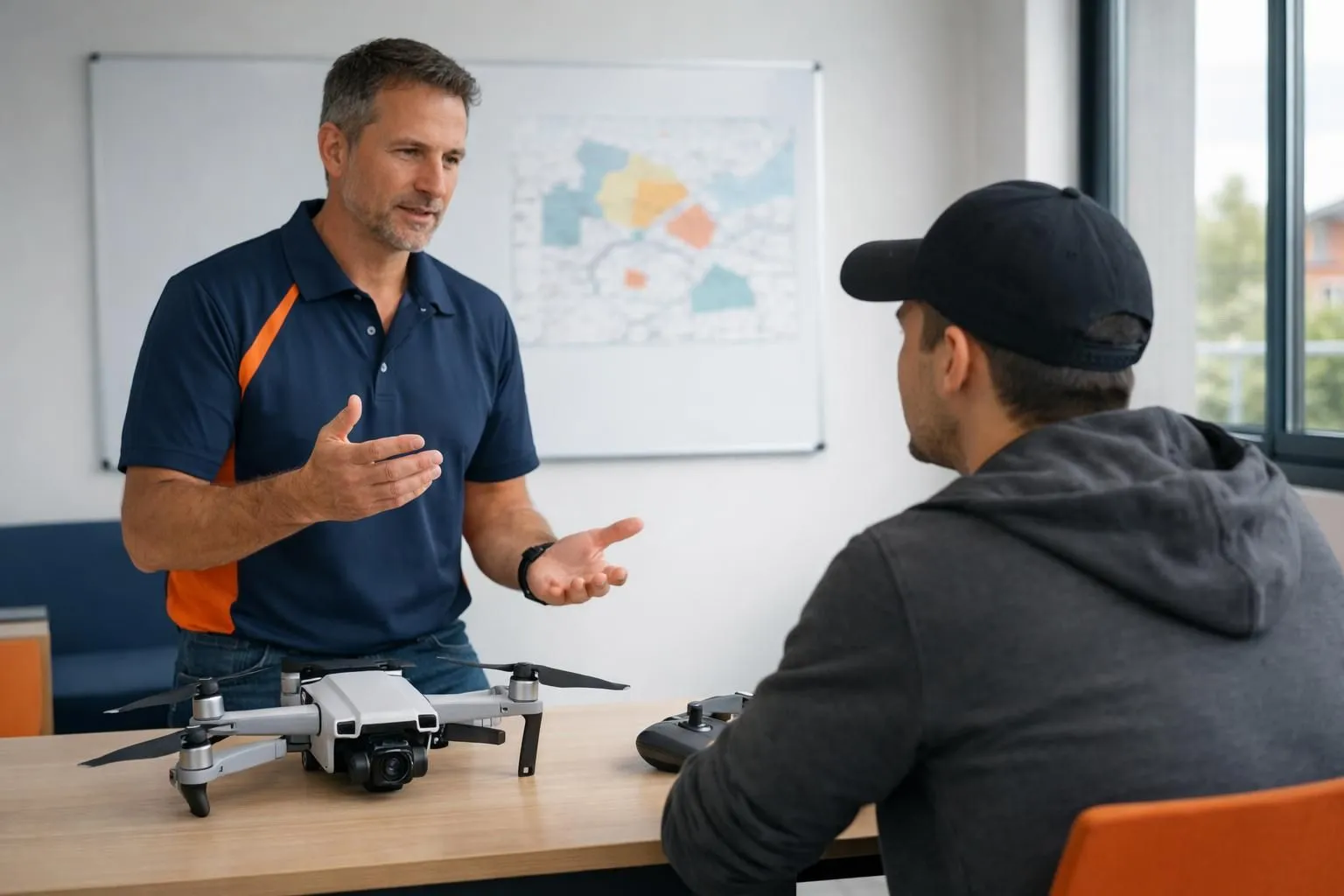Professional drone training instructor in modern French classroom explaining STS01 and STS02 regulations to attentive student, with training drone on desk, whiteboard showing flight zones, natural daylight from large windows, serious learning atmosphere, realistic photography style