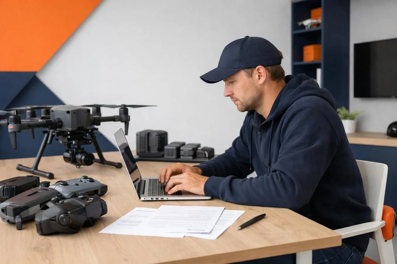 Professional drone pilot studying on laptop with certification documents and drone equipment on desk in modern training environment, realistic lighting, French workspace setup