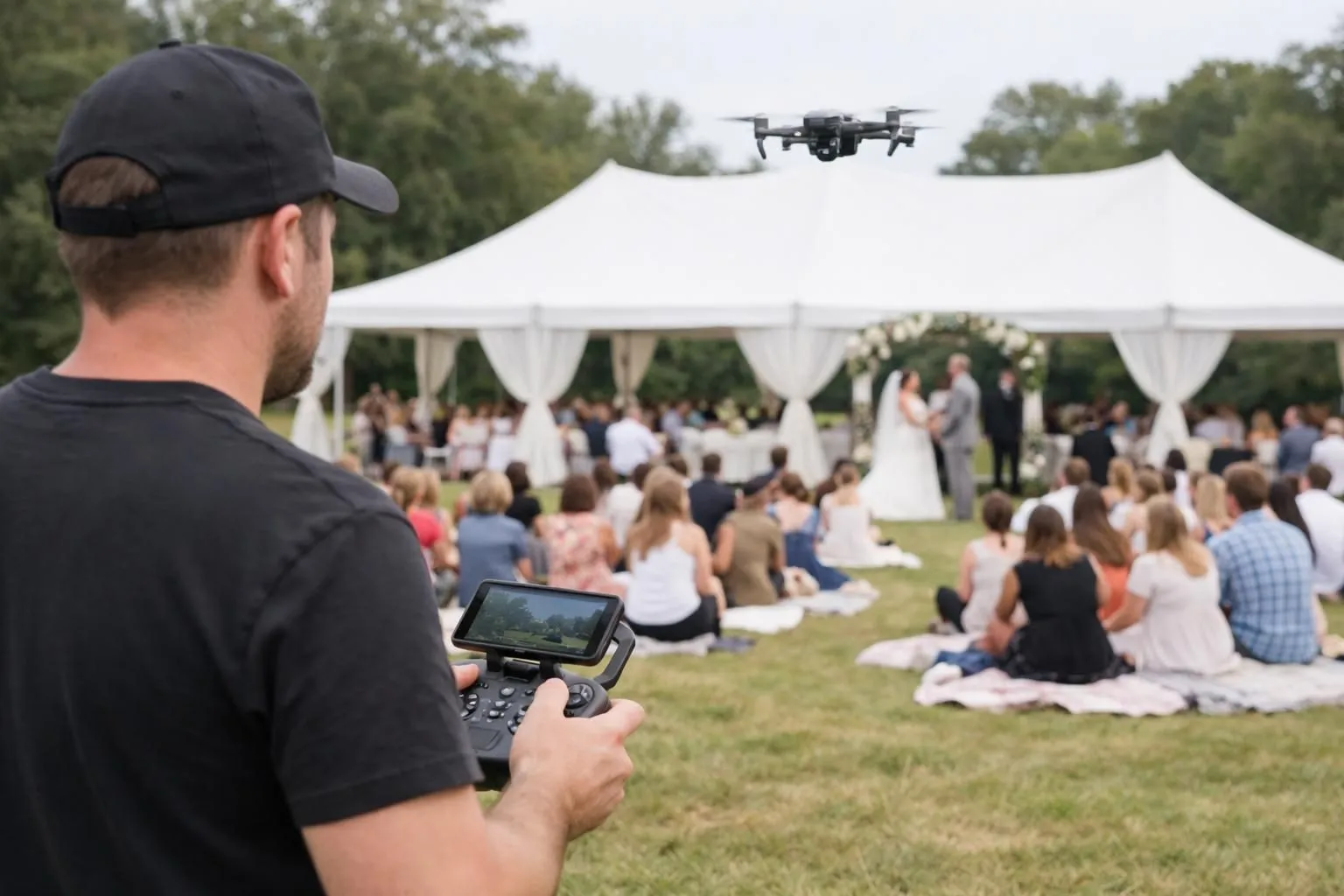 Professional drone hovering above outdoor wedding ceremony capturing aerial footage, wide angle view showing guests seated in rows on grass with canopy tent, operator visible with remote controller in foreground, sunny day with natural lighting, cinematic event videography atmosphere