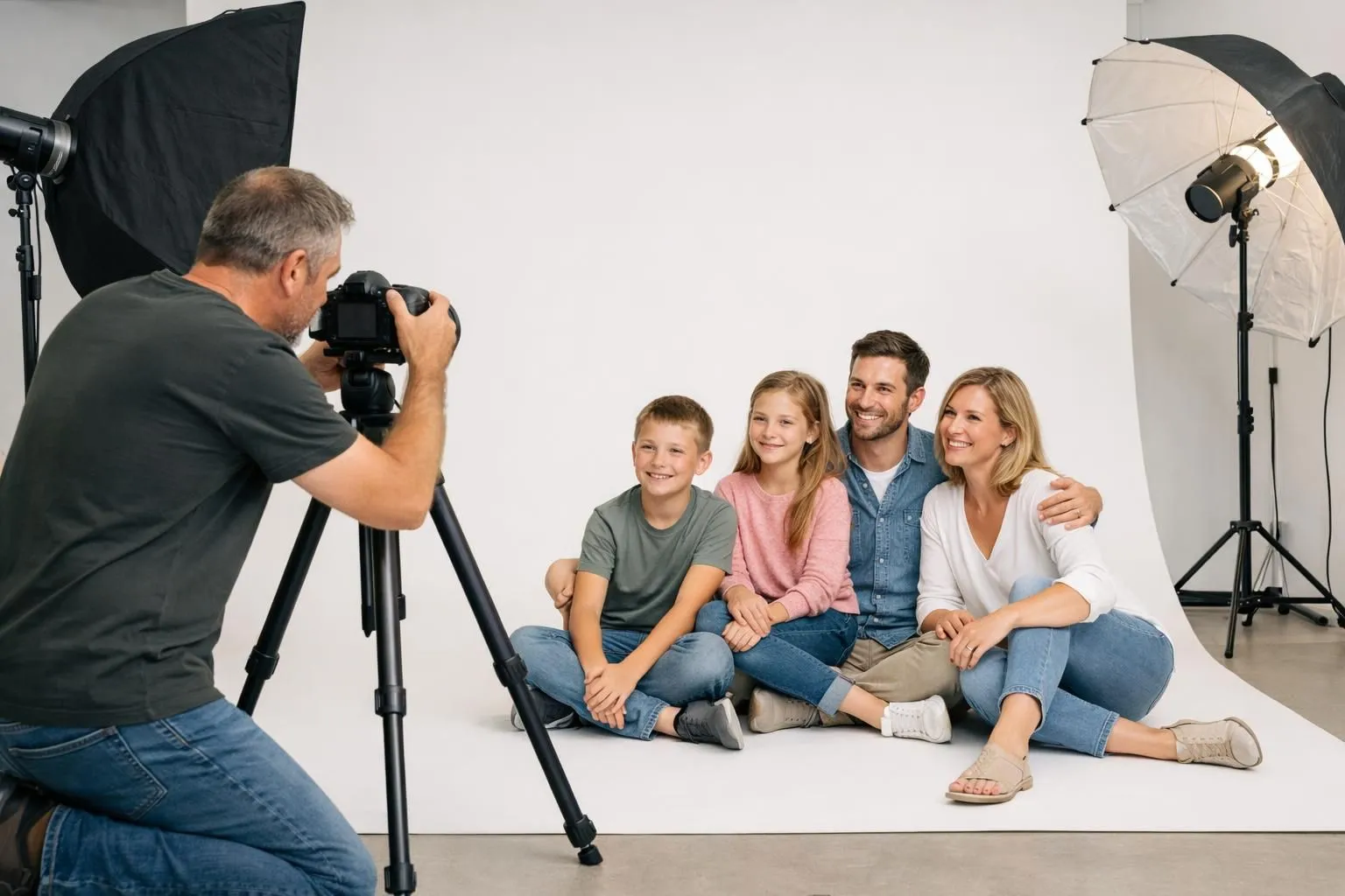 Professional photographer in Cholet studio preparing portrait session setup with lighting equipment, family of four sitting on white backdrop, warm atmosphere, photographer adjusting camera on tripod