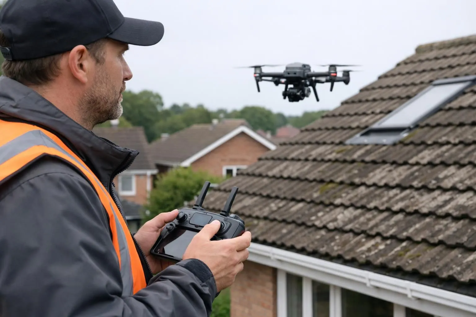 Close-up scene of a professional drone operator holding a remote controller while examining a residential roof that needs cleaning, with a compact inspection drone visible in the background against a suburban rooftop setting under clear daylight, showcasing professional equipment and realistic work environment without any text or labels