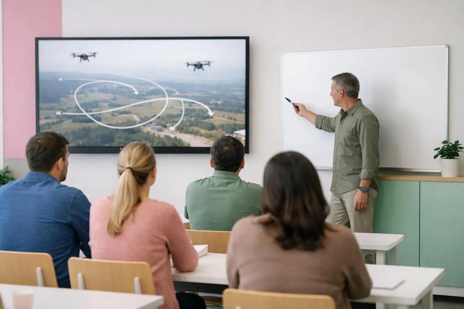 A modern training classroom with diverse students viewing a large screen displaying three distinct drone flight paths, each represented by different colored trajectories overlaid on aerial landscape photos, while an instructor points to certification requirements charts on a side board, bright professional lighting, realistic educational setting