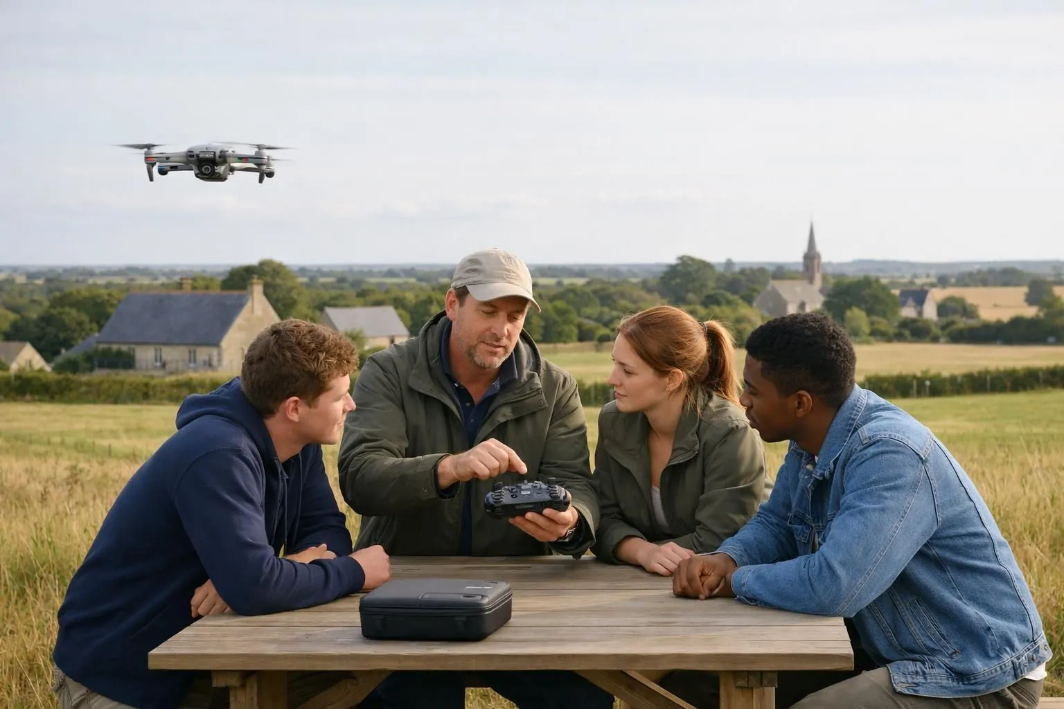 Outdoor drone training session in Brittany showing instructor demonstrating flight controls to three students gathered around flight table with multiple drones visible on ground and one hovering nearby against backdrop of rural French landscape