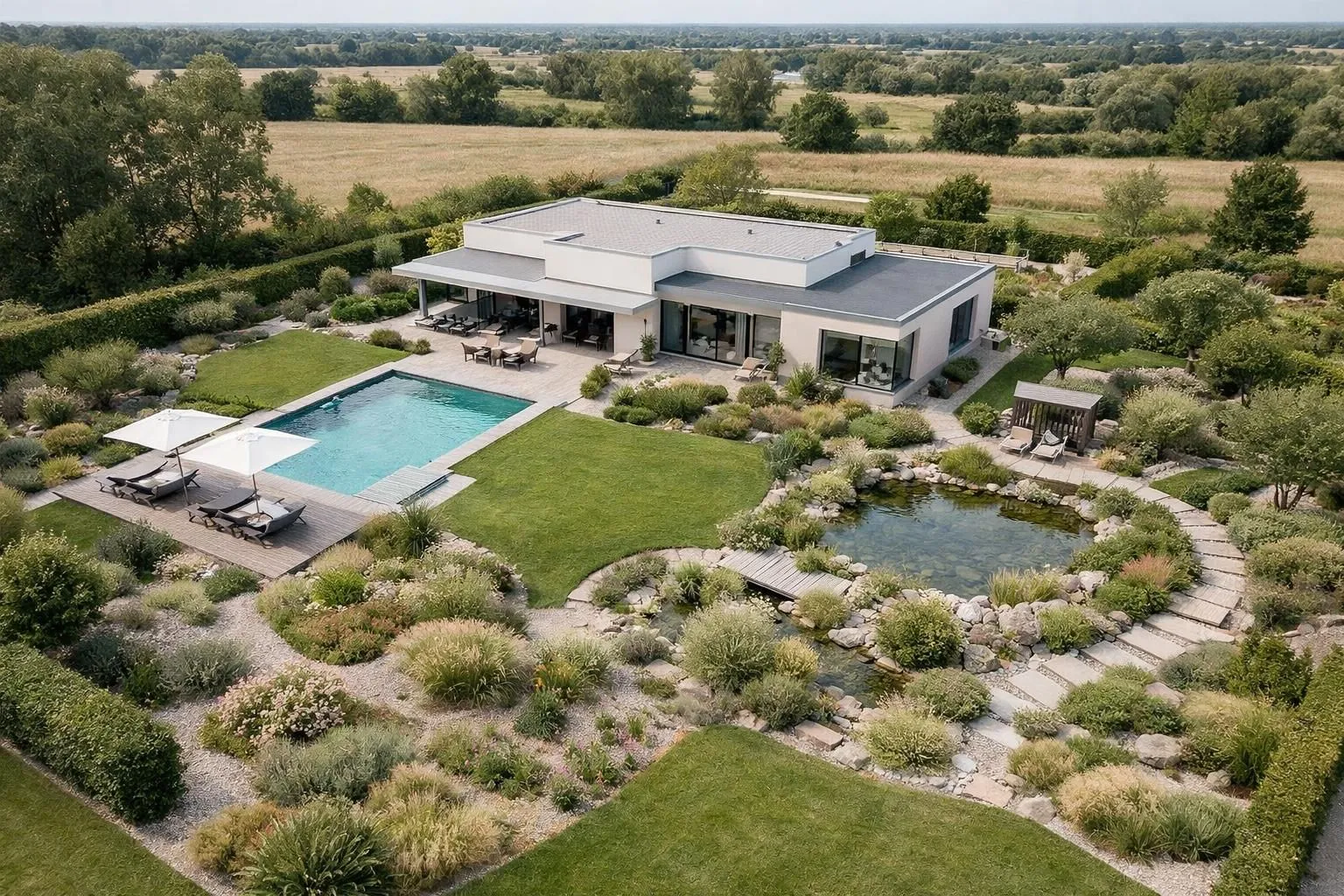 Vue aérienne spectaculaire révélant une maison contemporaine entourée d'un grand jardin paysager avec piscine, montrant également les espaces verts environnants et la proximité des commodités, capturée par un drone professionnel en qualité cinématographique