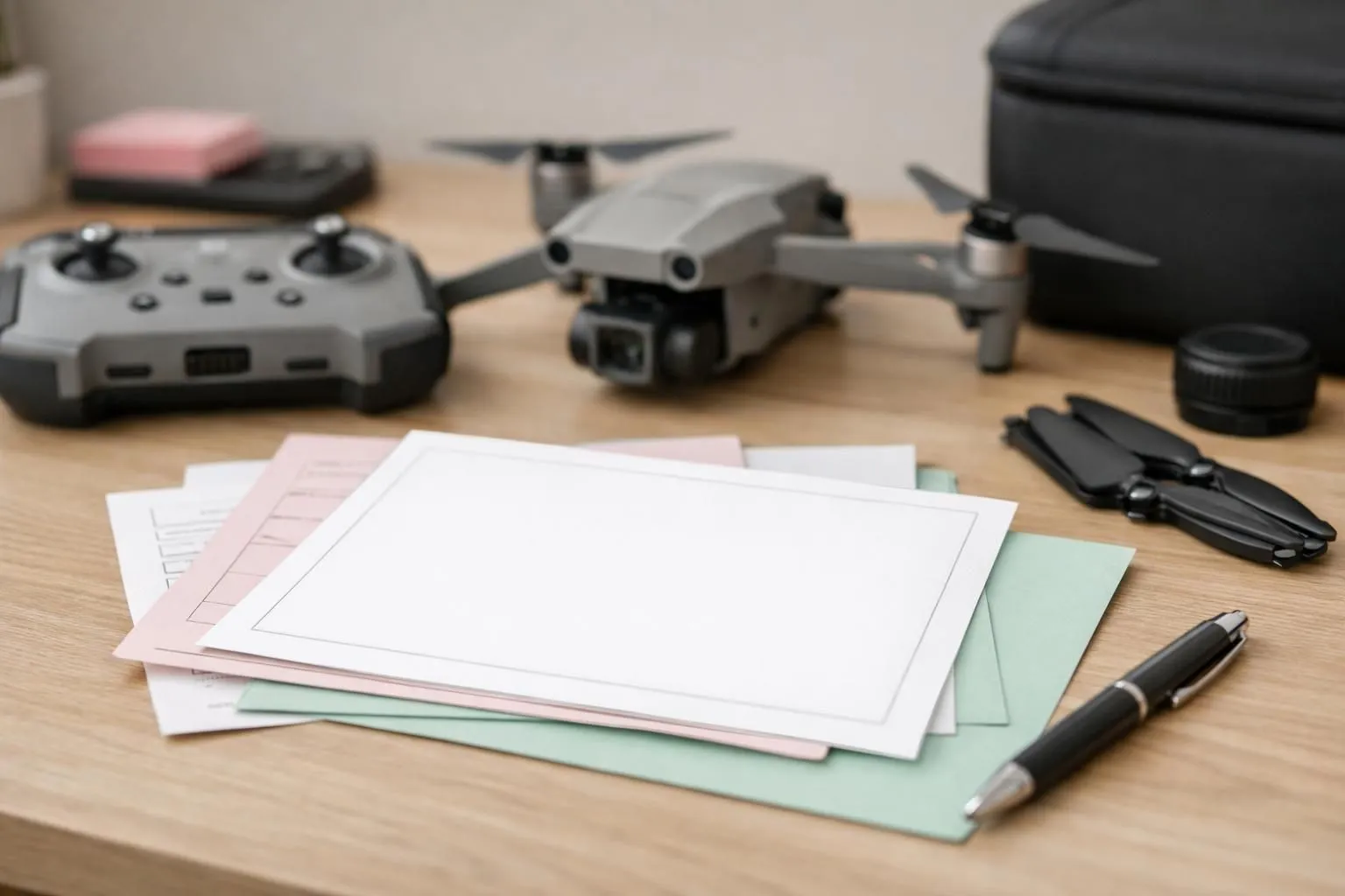 Professional drone pilot reviewing official DGAC certification document with drone equipment and regulatory compliance paperwork on modern desk, representing legal authorization for commercial drone operations in France