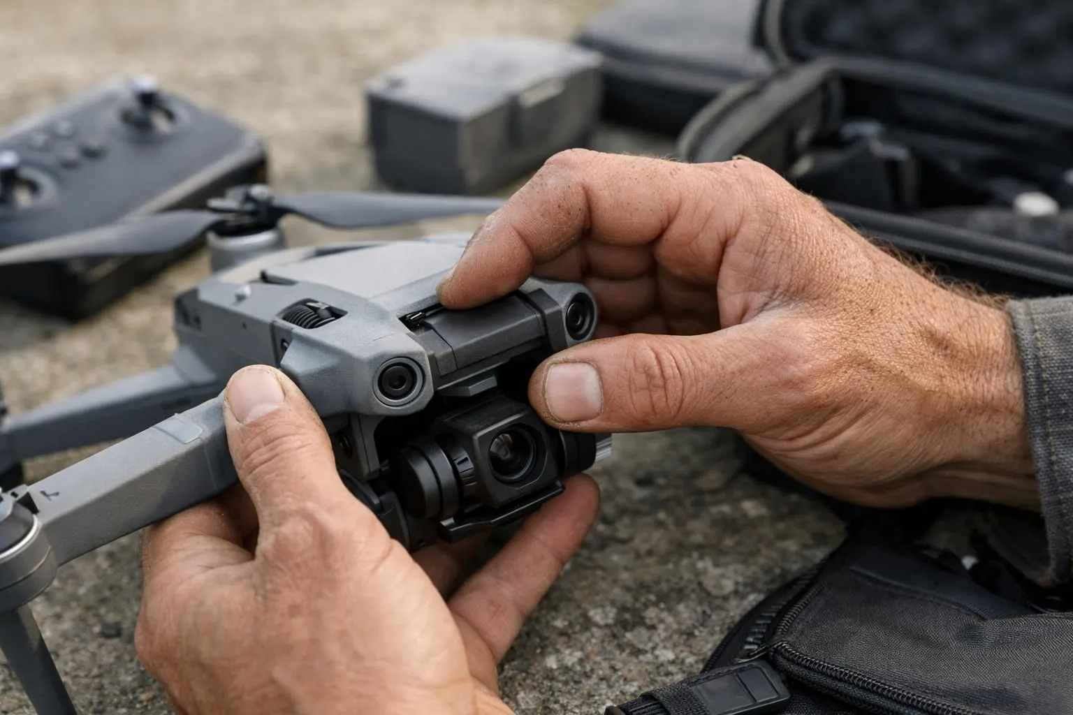 Group of five diverse professionals in casual work attire standing outdoors on a sunny day, each holding a different model of professional drone, with green landscape and blue sky in background, celebrating their success together with genuine smiles, photorealistic style