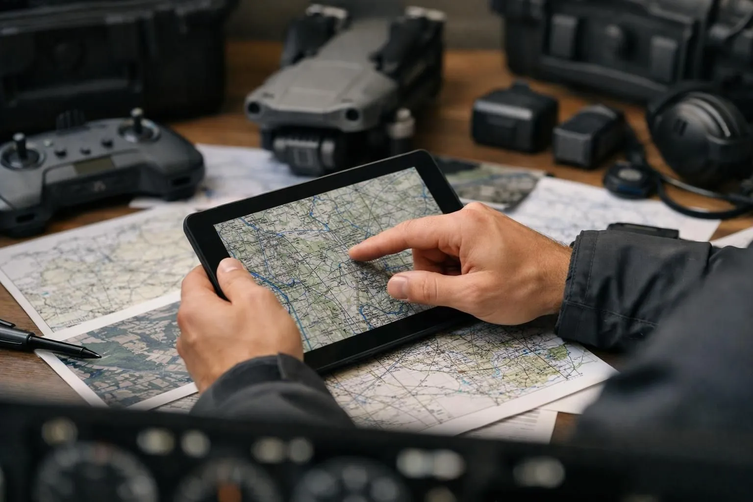 Professional drone operator examining authorization permits and topographic maps on tablet before event filming, surrounded by flight planning documents and professional equipment