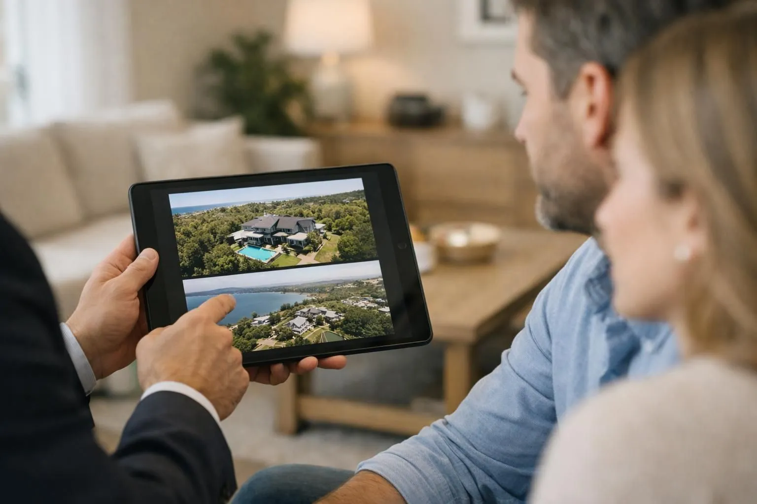 Agent immobilier professionnel présentant une tablette avec vidéo drone à des clients satisfaits lors d'une visite immobilière, dans un intérieur moderne et lumineux, photo réaliste