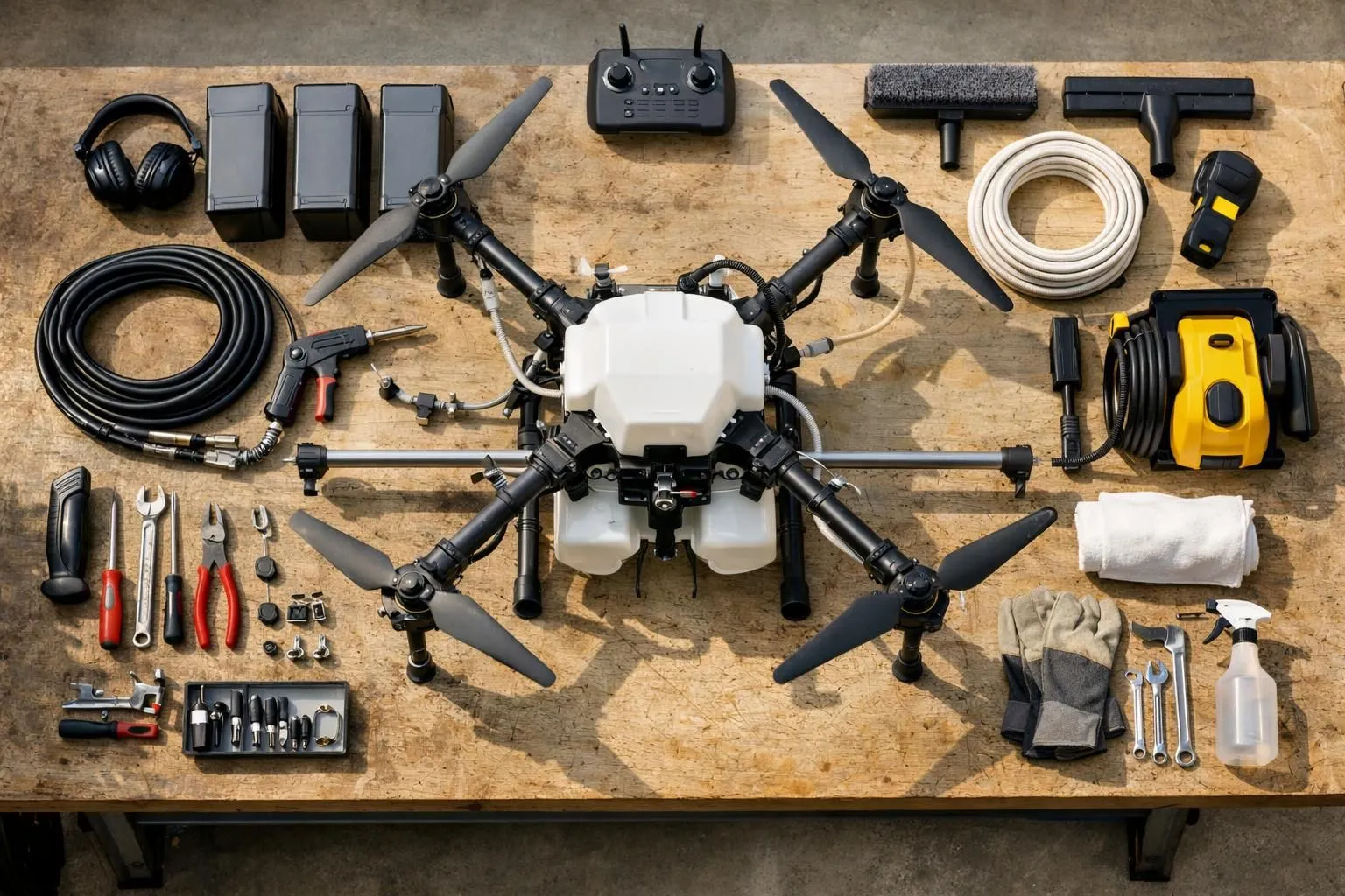 Professional drone operator reviewing multiple expensive equipment pieces laid out on a workbench: high-end DJI agricultural drone with spraying system, several large lithium batteries, specialized cleaning solution containers, and repair tools, shot in a realistic workshop setting with morning light from a window, documentary photography style showing the hidden material investments required for roof cleaning drone business