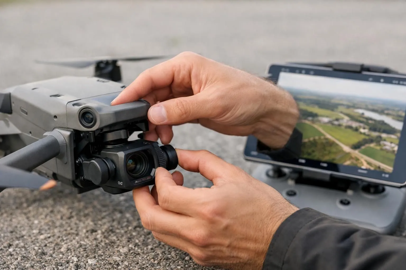 Drone pilot wearing professional vest reviewing tablet screen showing aerial footage while adjusting camera gimbal settings on DJI drone during outdoor training session with instructor in background