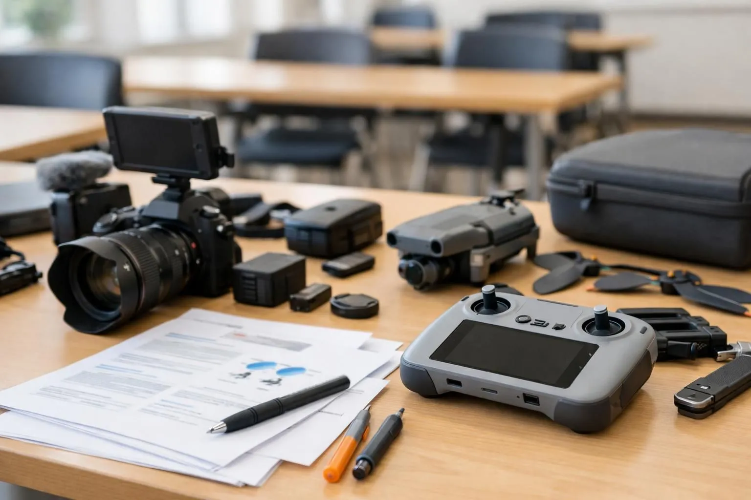 Professional drone training session in bright classroom with instructor showing DJI controller to attentive students, high-end camera equipment on table, realistic lighting, training manuals visible, no text or signs