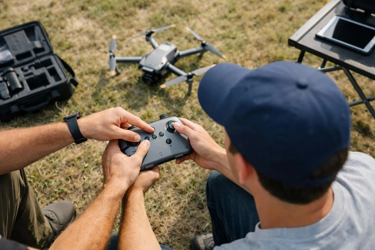 Drone instructor showing student remote control during one-on-one outdoor training session in field, professional coaching atmosphere with drone visible in background, natural daylight, focused hands on controller
