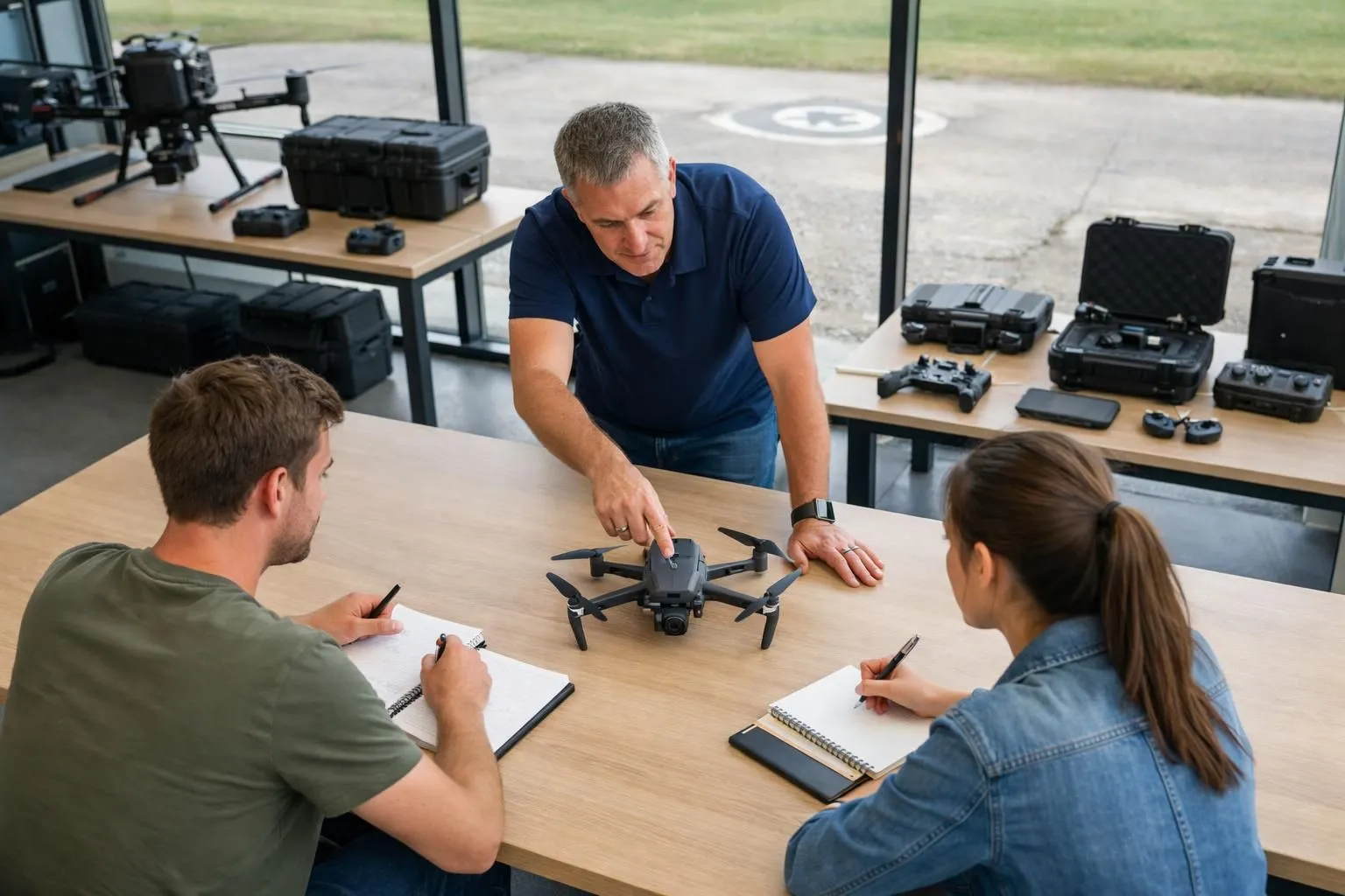 A professional drone training scene showing an instructor pointing to a drone on a table while two students take notes, with real drones and equipment visible in the background, realistic training center environment with large windows showing outdoor flight area