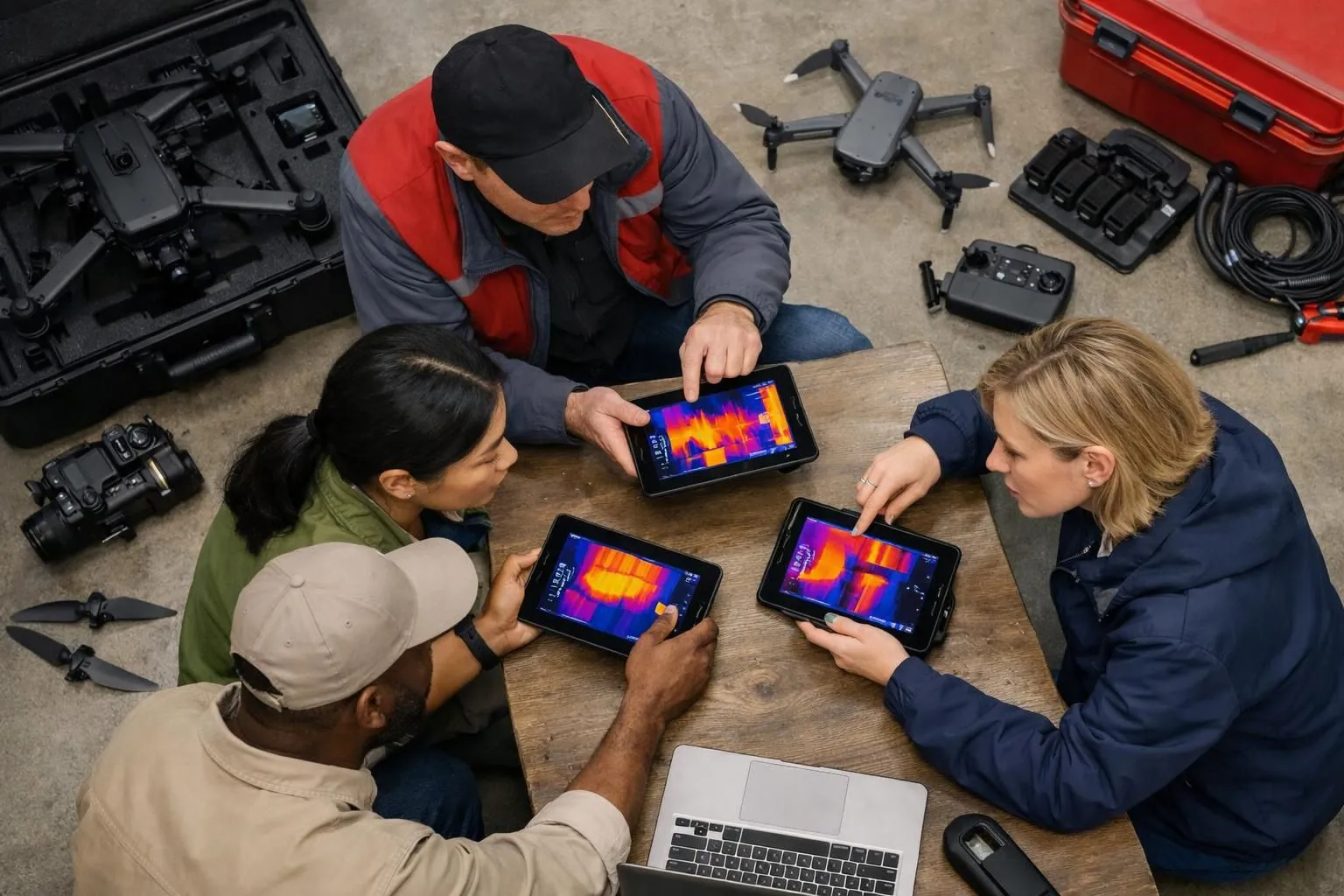 Professional drone operator in high-visibility vest inspecting industrial infrastructure with thermal imaging drone, technical team reviewing data on tablets in industrial facility background, modern technology equipment visible, realistic workplace scene