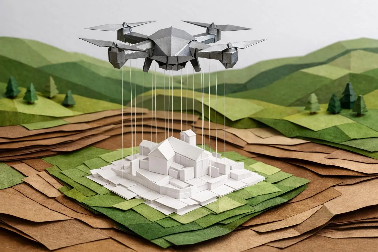 Formation drone photogrammétrie: Maquette en papier d'un drone survolant un paysage avec modèle 3D émergeant. Style origami.