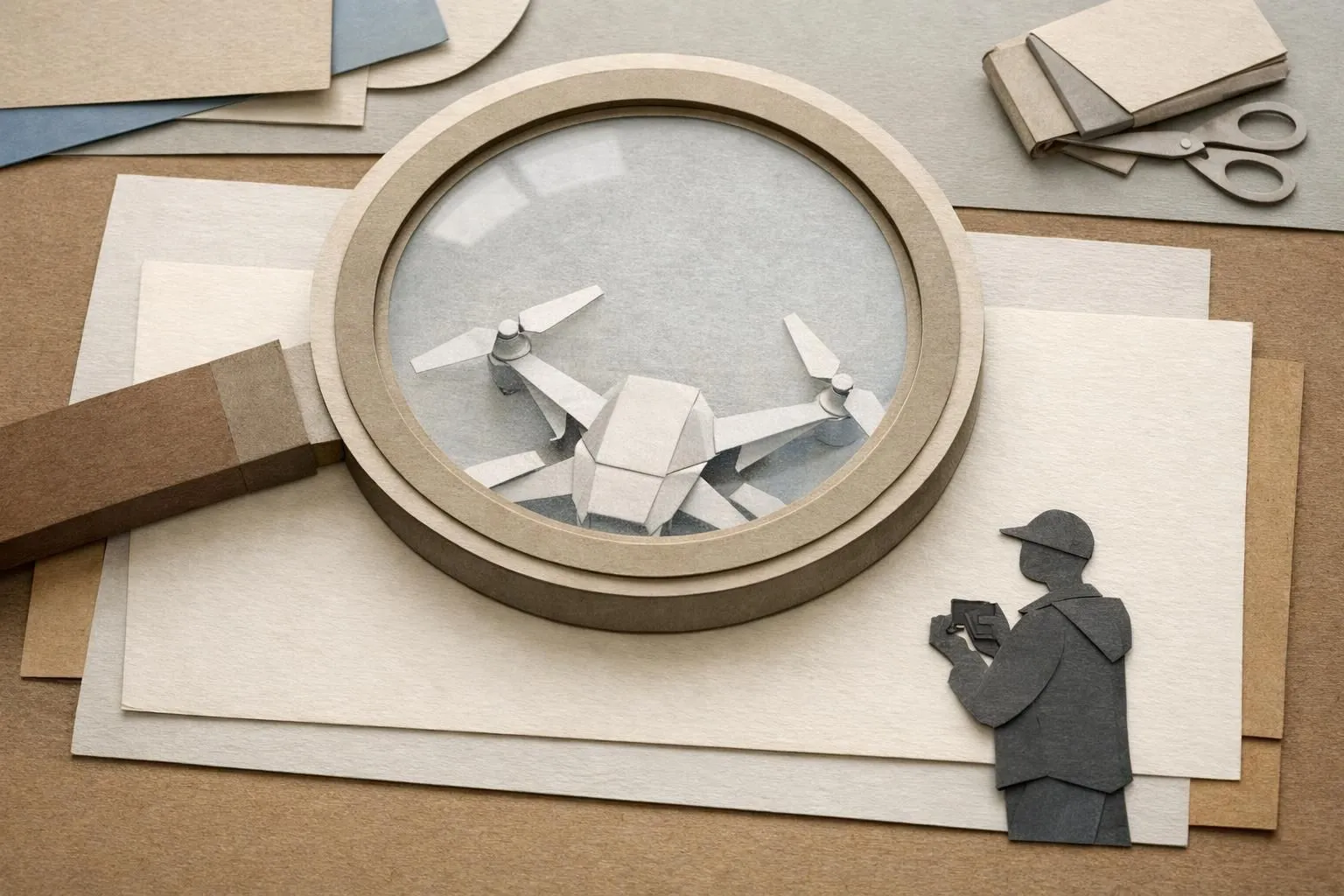 Image papercraft: Loupe sur un drone et silhouette. L'avis Jacky Duverger Mégapix Air: verdict complet et évaluation.
