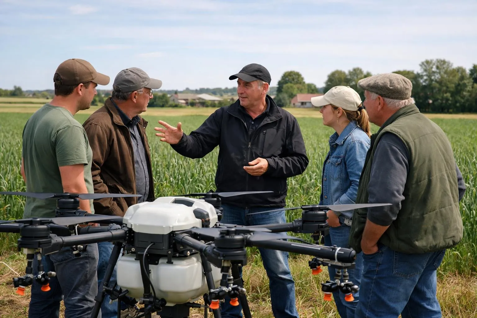 Formation drone agricole à Cholet: un instructeur montre les fonctions d'un drone à des agriculteurs dans un champ.
