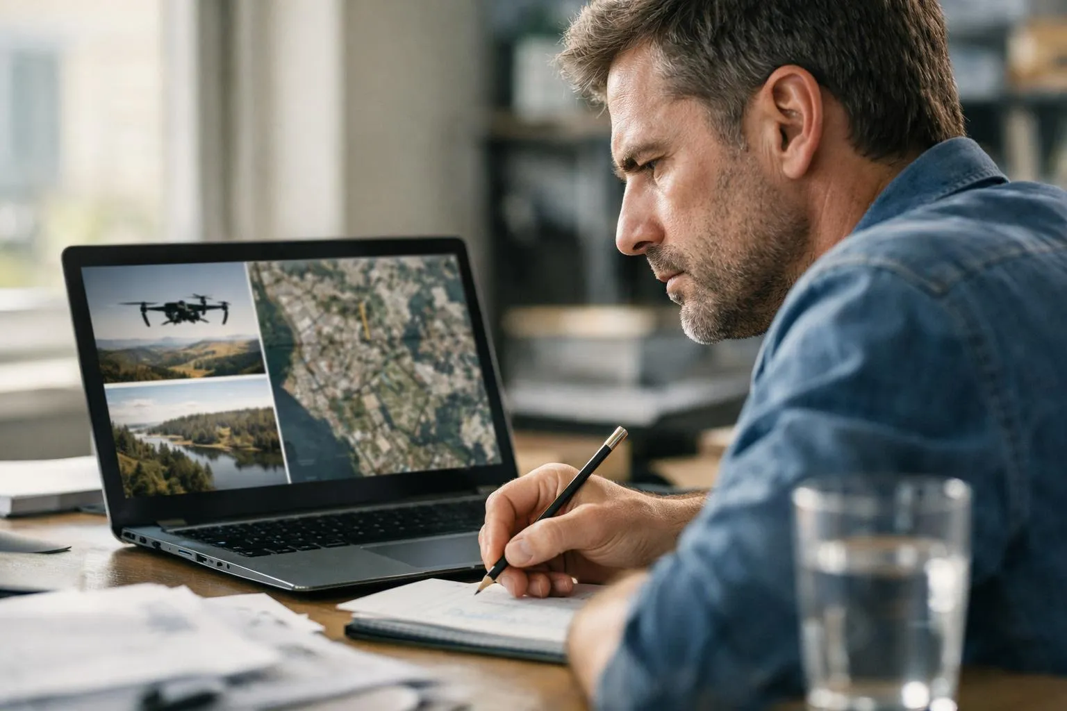 "Homme consultant son ordinateur pour trouver des clients pour son activité de drone"