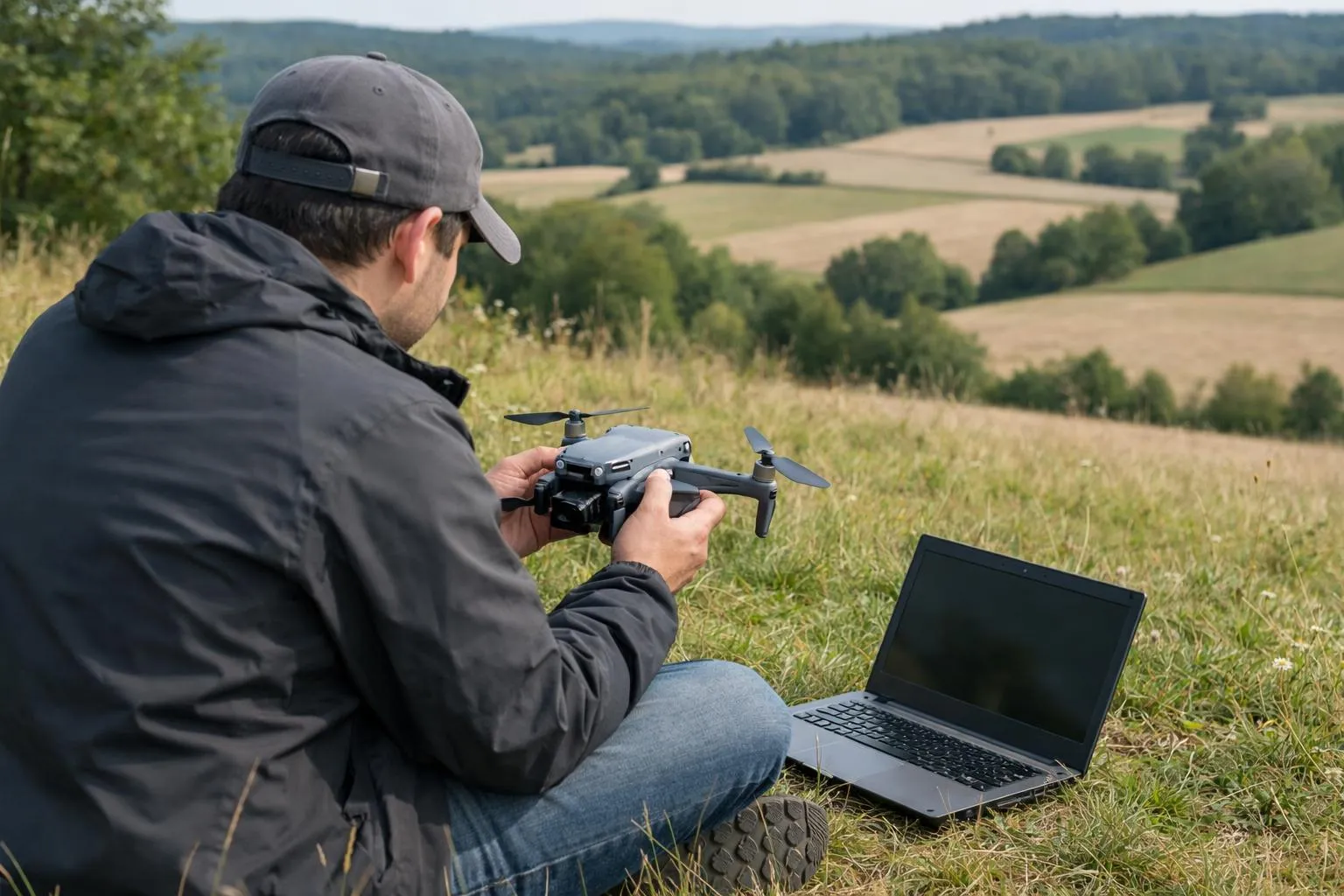 "Une personne prépare un drone dans un champ en 2026 pour une formation A1/A3 gratuite"