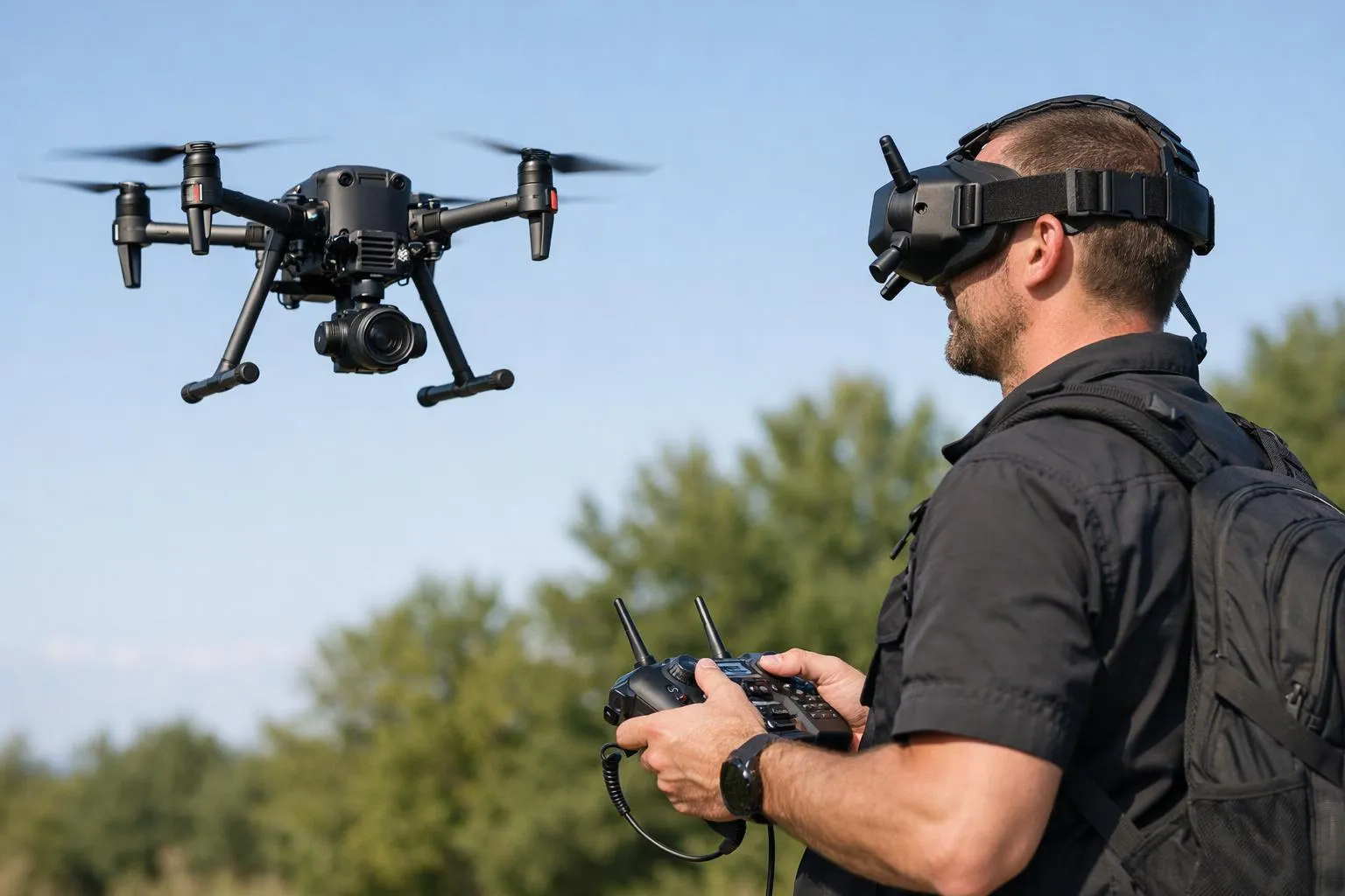 Télépilote de drone en vol avec équipement professionnel