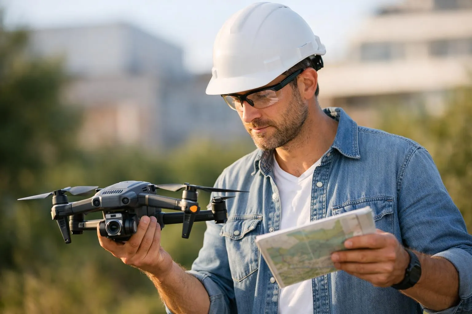 Choisir son drone professionnel, un expert tient un drone et examine une carte en extérieur