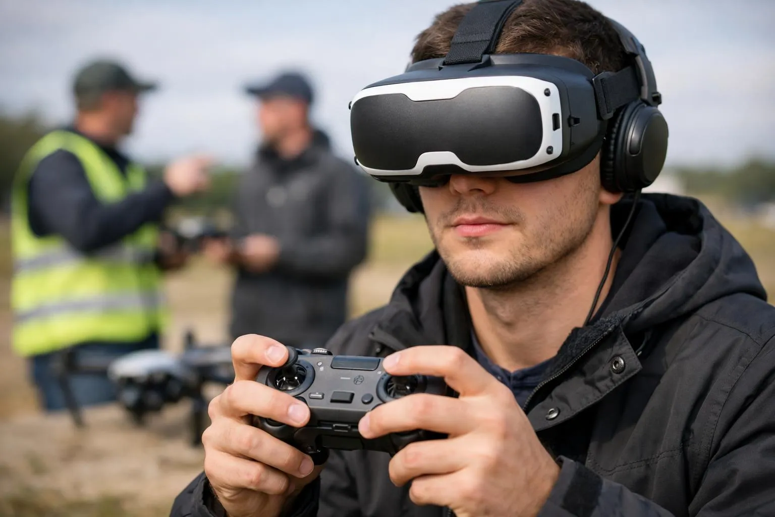 "Élève en formation télépilote drone avec casque VR et contrôleur"