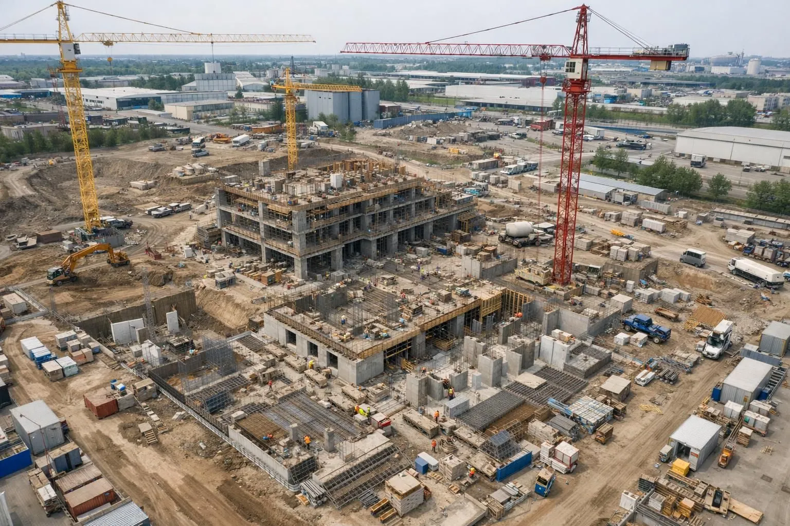 Drone professionnel survolant un grand chantier de construction moderne avec grues, équipement BTP et ouvriers au travail, perspective aérienne montrant l'étendue du site, lumière naturelle du jour, environnement industriel actif