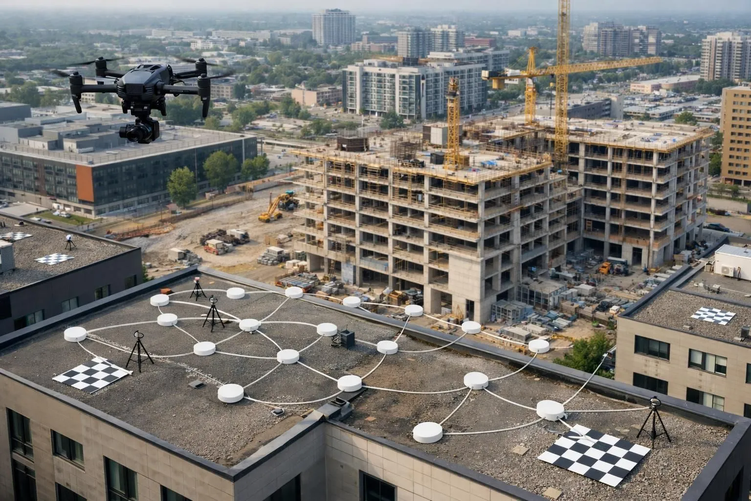 Professional drone hovering above urban construction site capturing overlapping aerial photographs, with visible grid pattern showing photogrammetry flight path and ground control points markers on rooftops