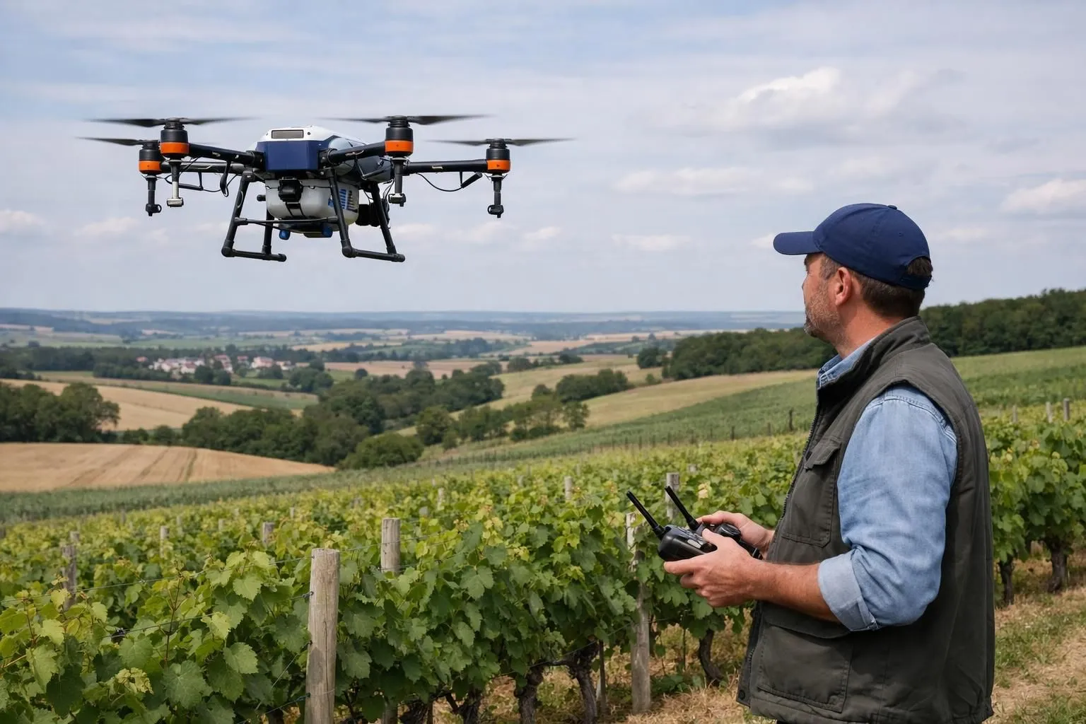 An agricultural drone hovering over vineyard rows with multispectral camera attached, farmer standing below holding remote controller while observing crops in French countryside under clear daylight, precision agriculture technology in action, realistic photographic style showing modern farming equipment integration