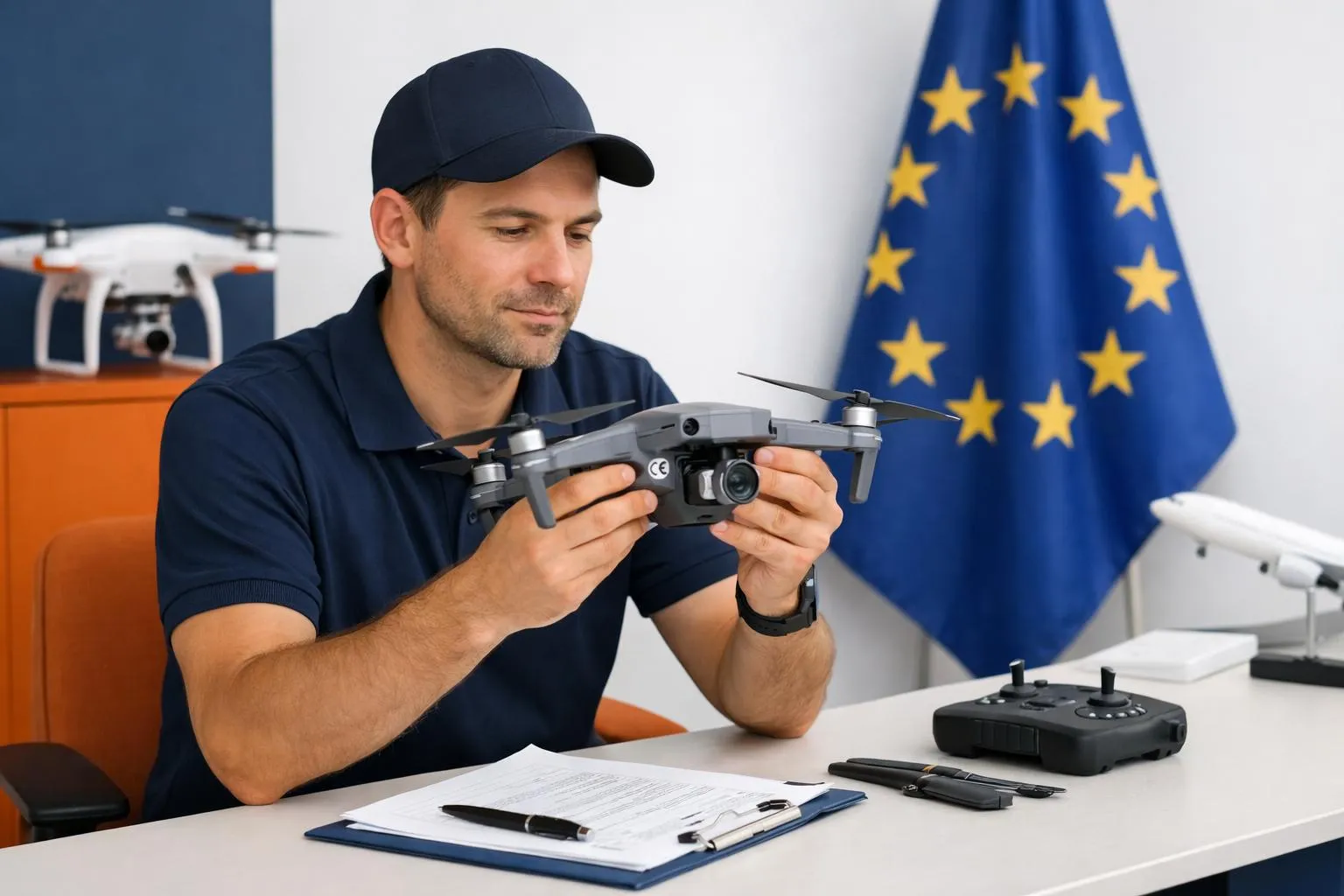 Professional drone pilot examining new CE-labeled drone with European Union flag visible in background, regulatory documents on desk, modern aviation office environment