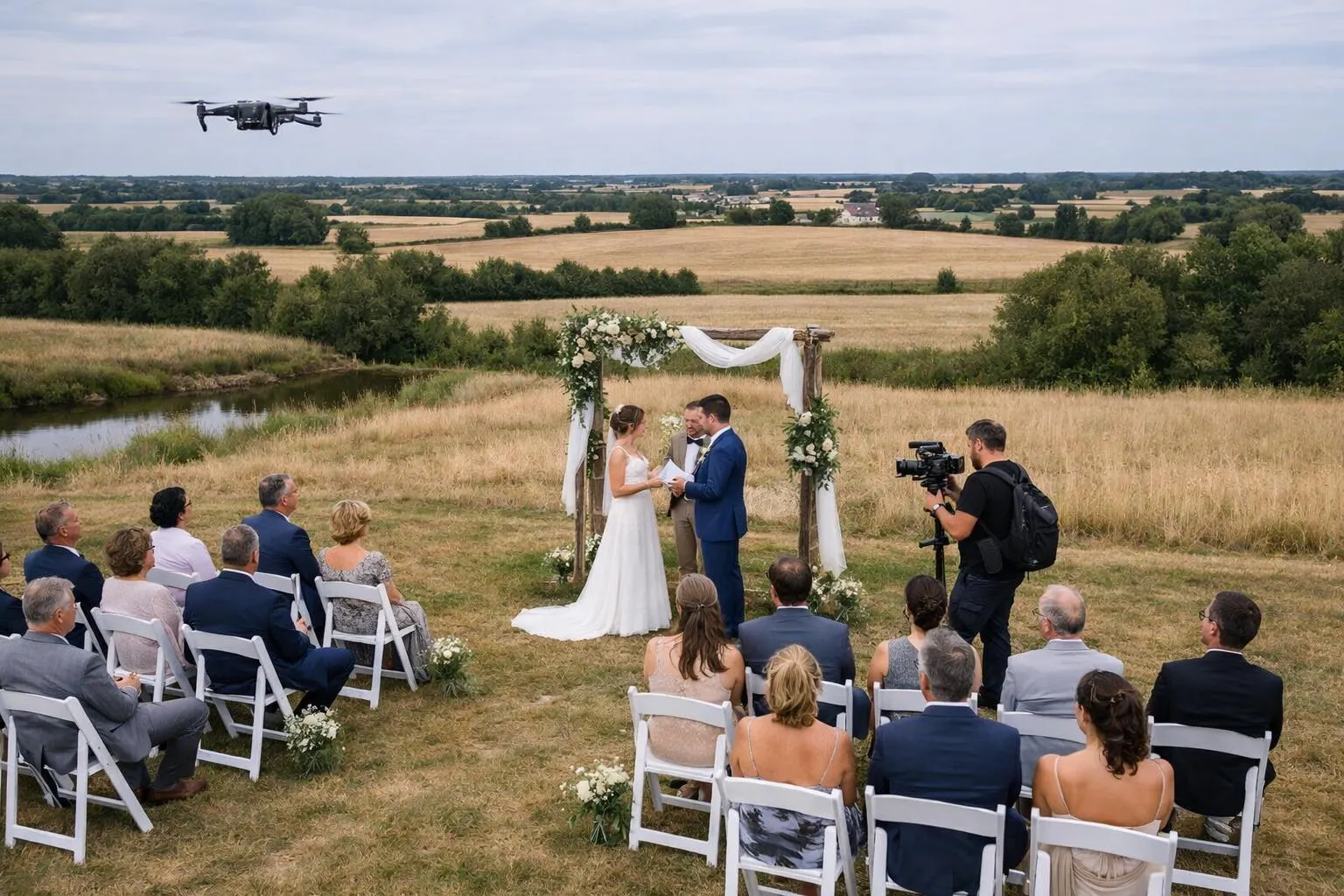 Professional wedding photographer and drone pilot working together at elegant outdoor wedding venue in Loire-Atlantique countryside, drone hovering above ceremony capturing aerial footage, videographer filming couple exchanging vows, natural daylight, documentary style
