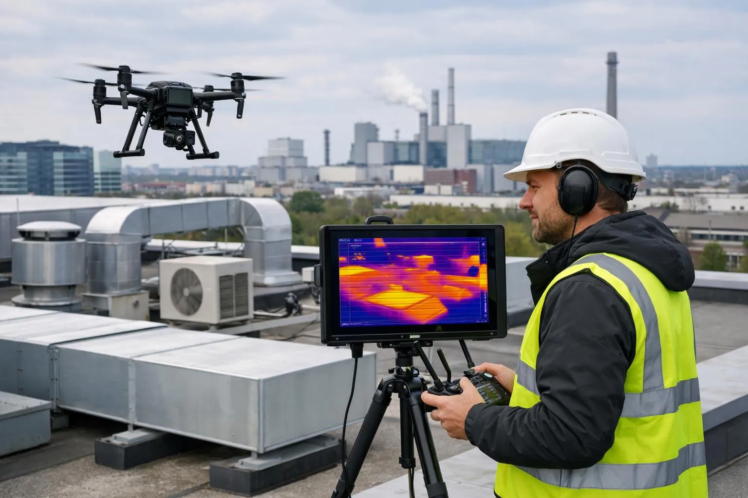 Professional drone operator piloting quadcopter with thermal imaging camera above commercial building rooftop, technician viewing thermal display screen showing heat signatures, modern urban setting with industrial structures, daytime inspection scenario with visible drone in flight