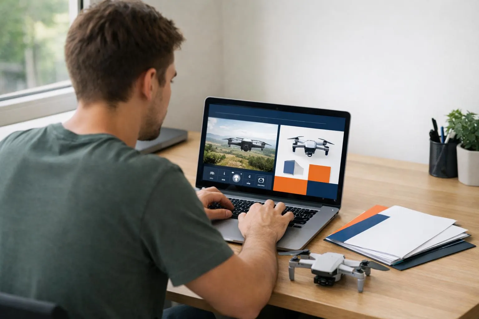 A young adult sitting at a modern desk with a laptop displaying an online training interface for drone piloting, a compact consumer drone (under 900g) positioned beside the keyboard, bright natural daylight through a window, realistic indoor setting showing focused learning atmosphere, French regulatory documents partially visible on screen, no text or labels visible in the image.