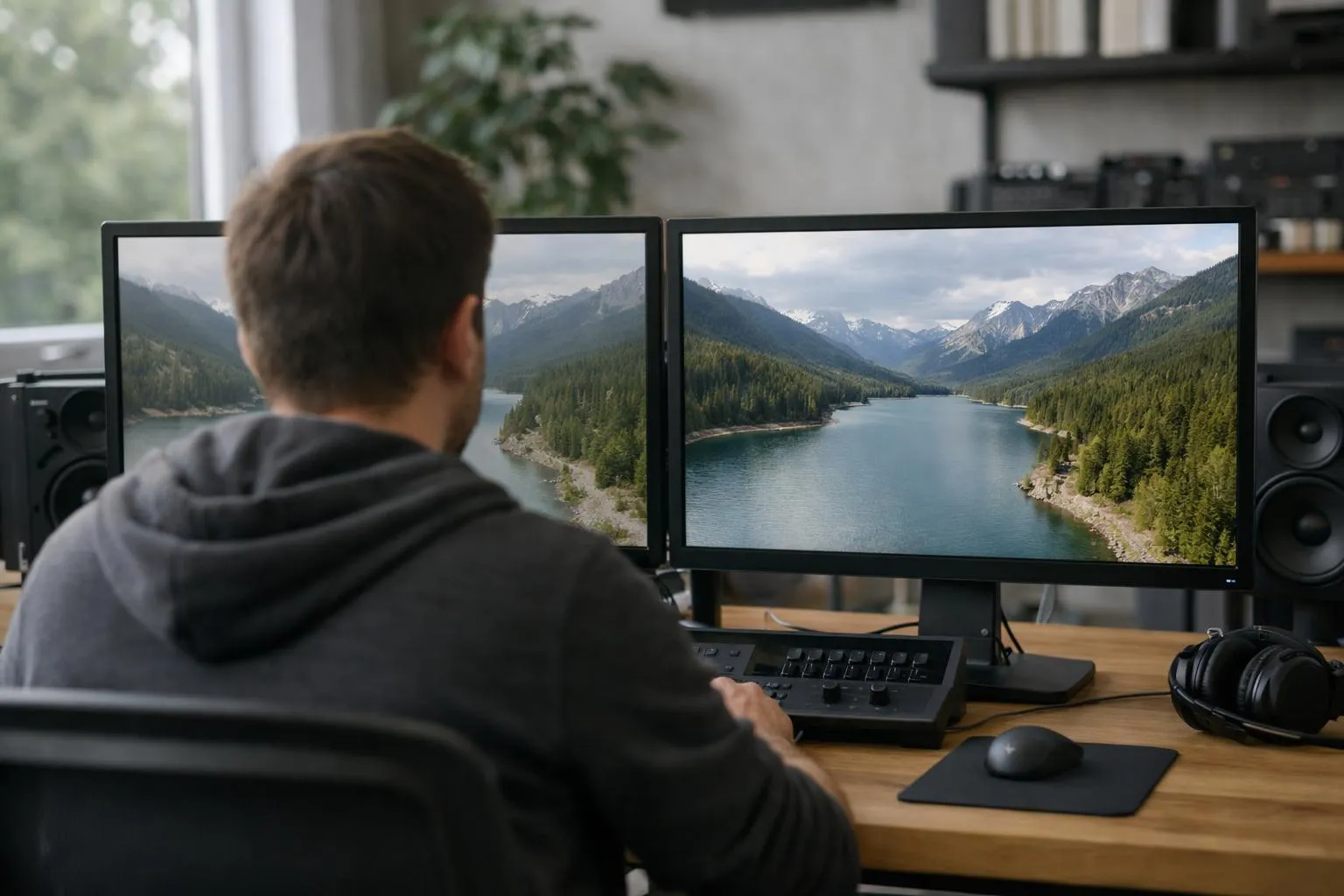 Professional video editor working on dual monitors displaying raw drone footage on left screen and color-graded cinematic version on right screen, in modern editing suite with DaVinci Resolve interface visible, natural daylight from window, focus on dramatic before-after comparison of aerial landscape