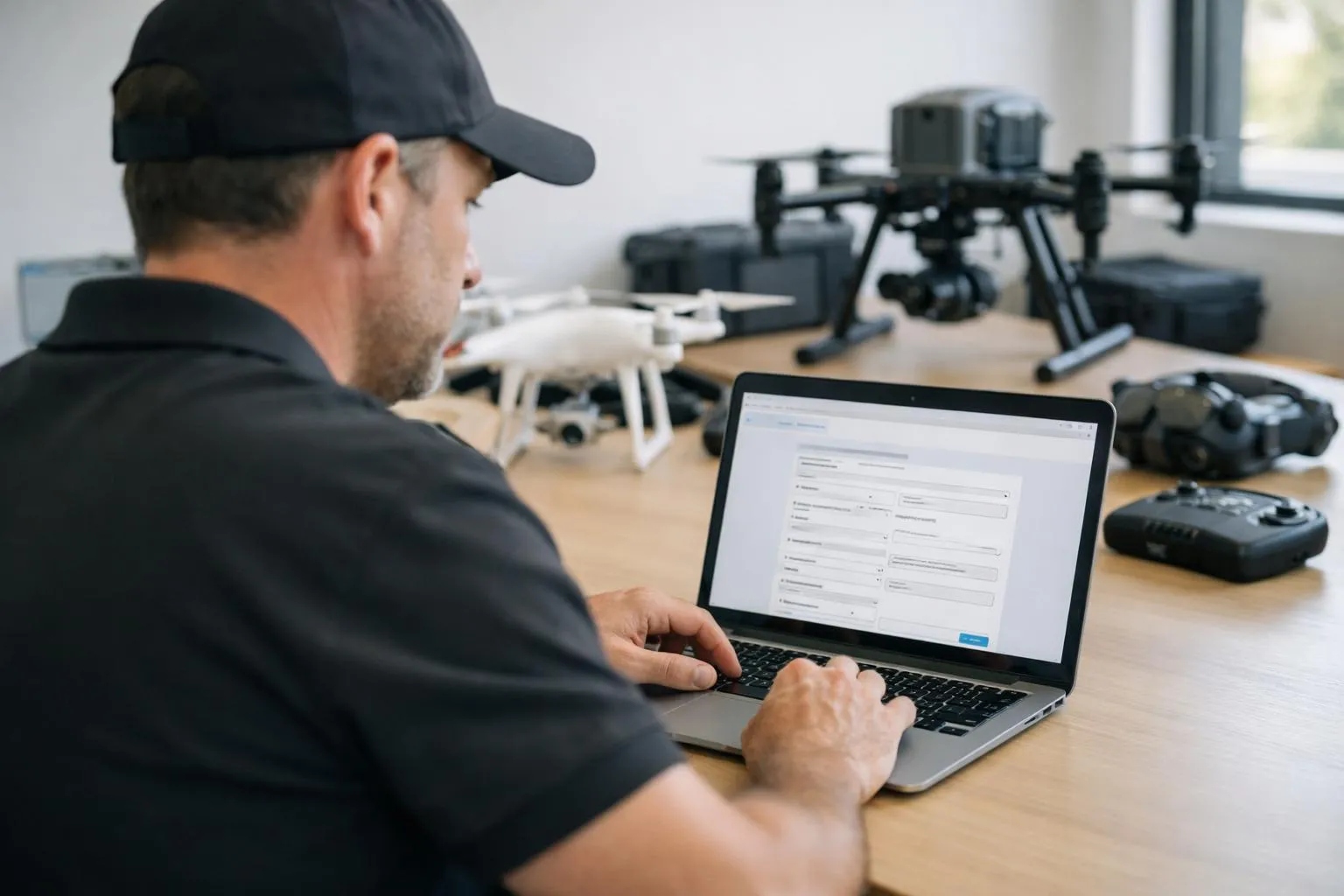 Professional pilot registering drone on official DGAC AlphaTango platform, viewing laptop screen showing online registration form for drone operator certificate, modern training environment with drone equipment visible in background, realistic photography style, natural lighting, no text or labels visible in image