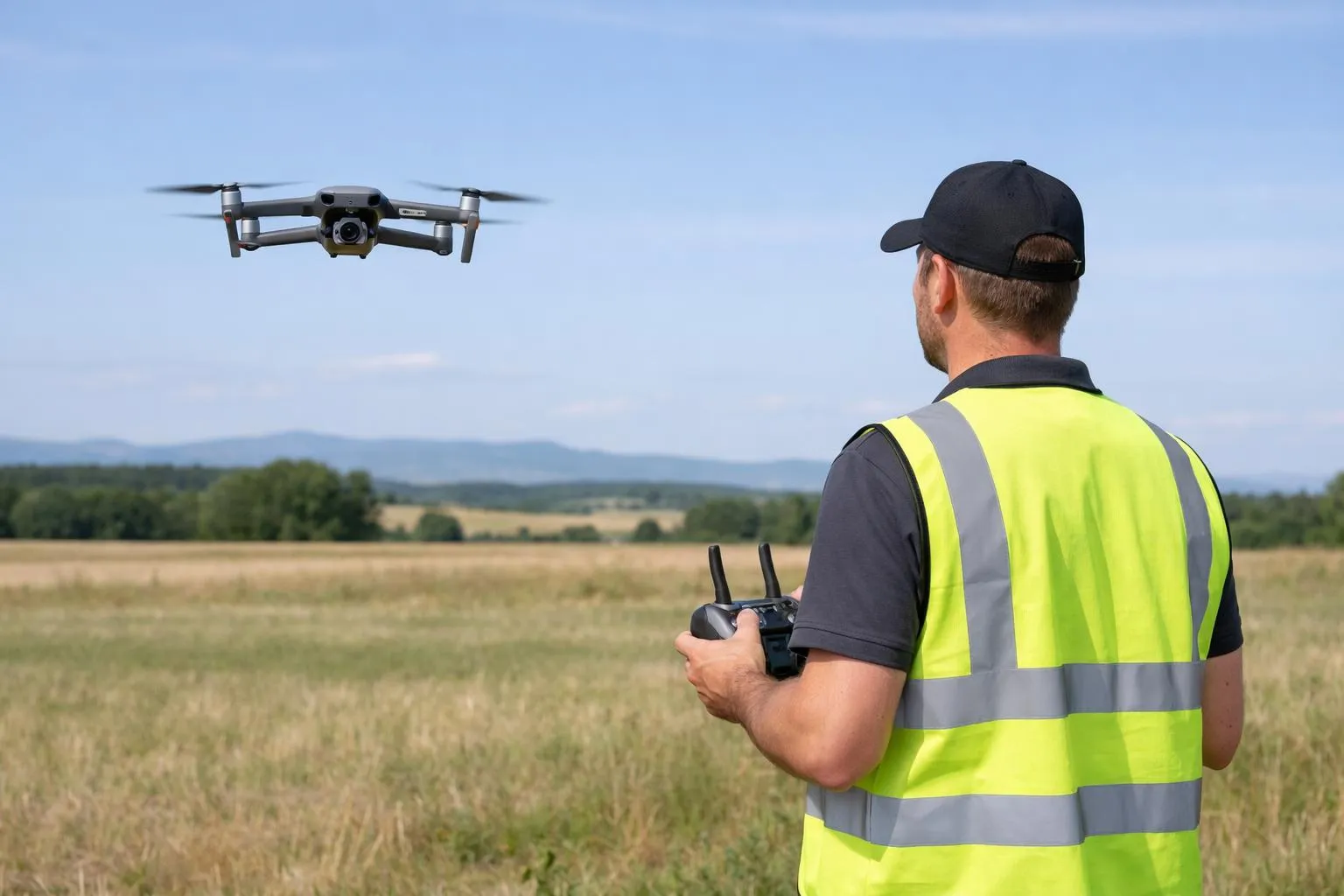 Homme en gilet de sécurité jaune pilotant un drone dans un champ.