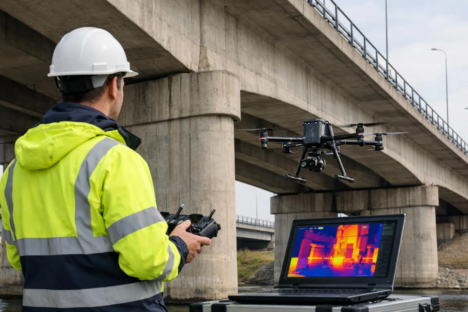 Ingénieur inspectant un pont avec un drone et une caméra thermique.