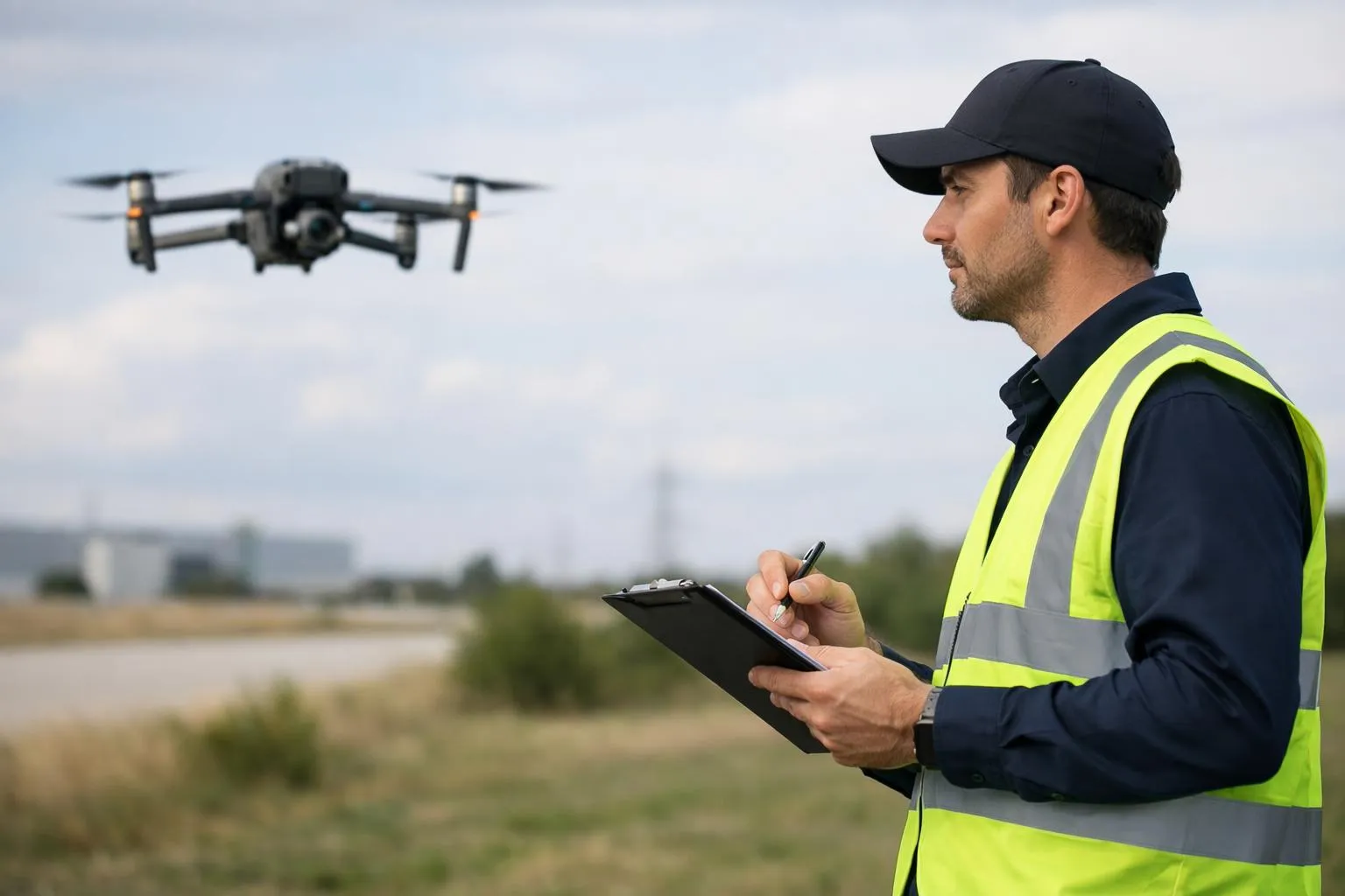 Homme en gilet de sécurité pilotant un drone dans un chantier.